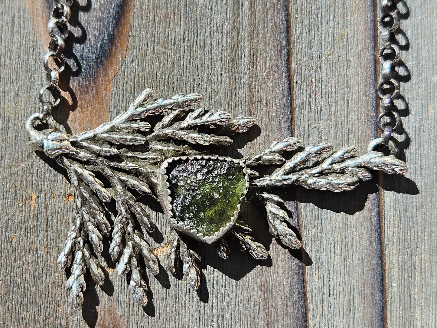 Cedar Leaf and Moldavite Necklace
