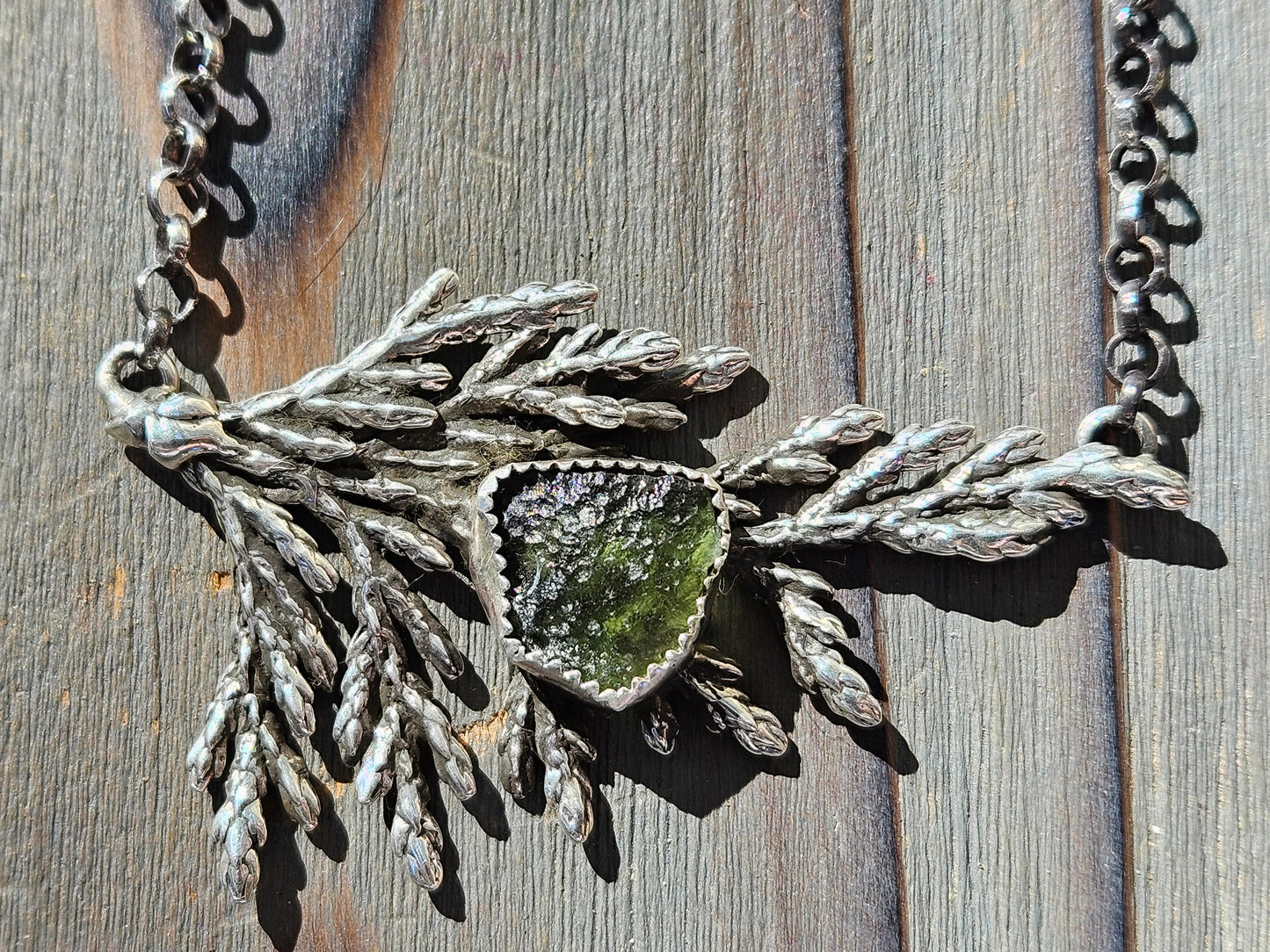 Cedar Leaf and Moldavite Necklace