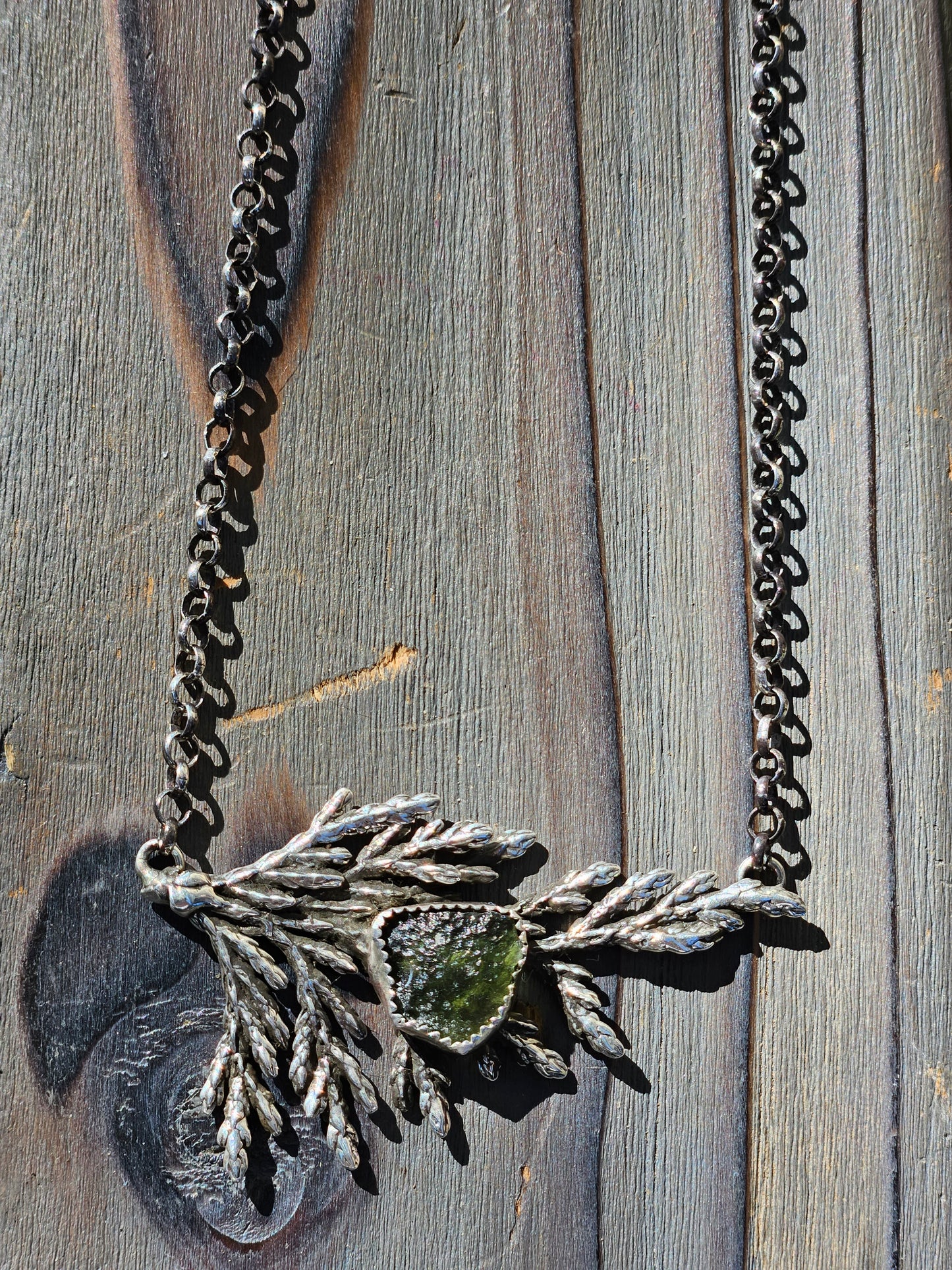 Cedar Leaf and Moldavite Necklace