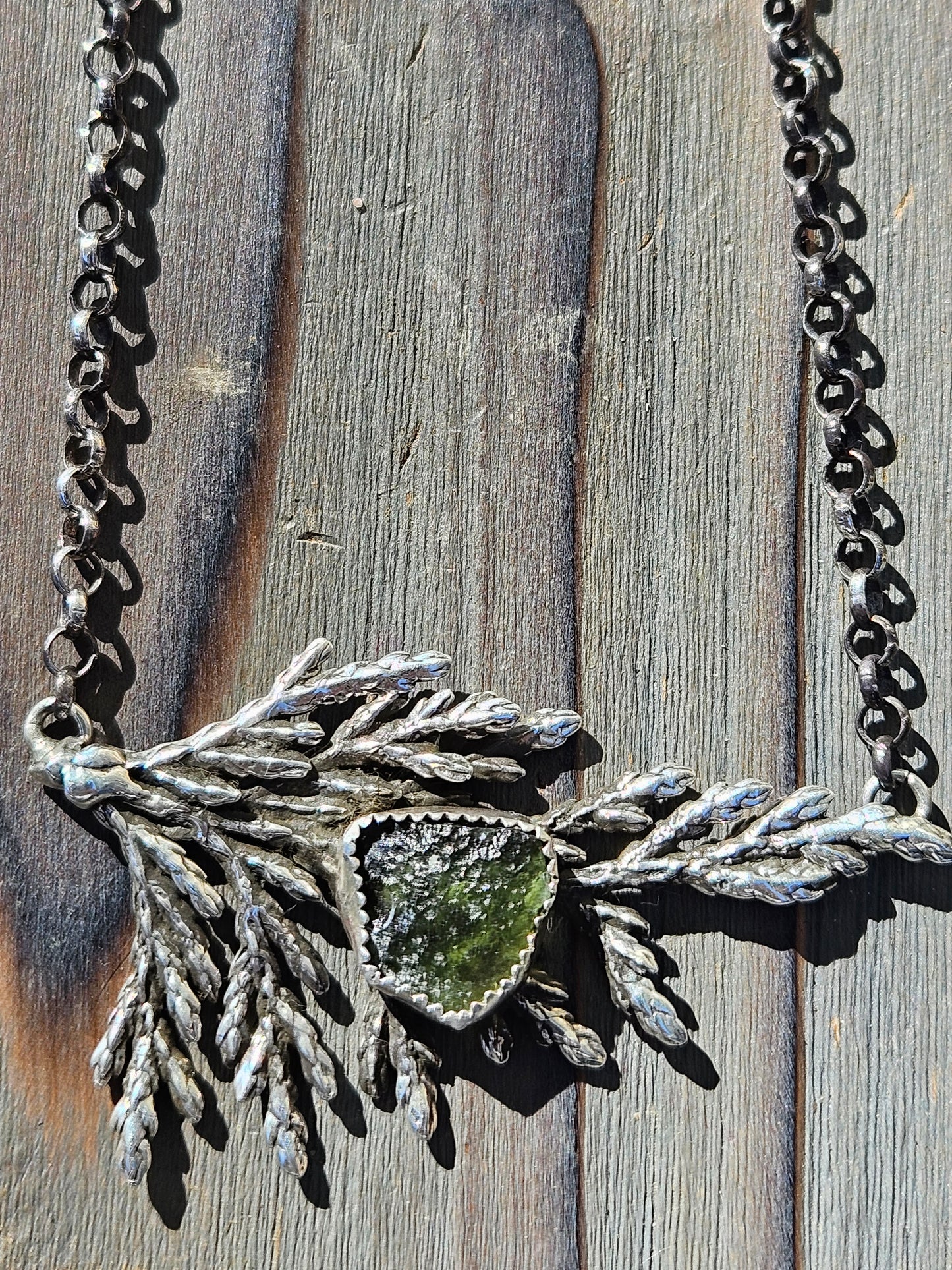 Cedar Leaf and Moldavite Necklace