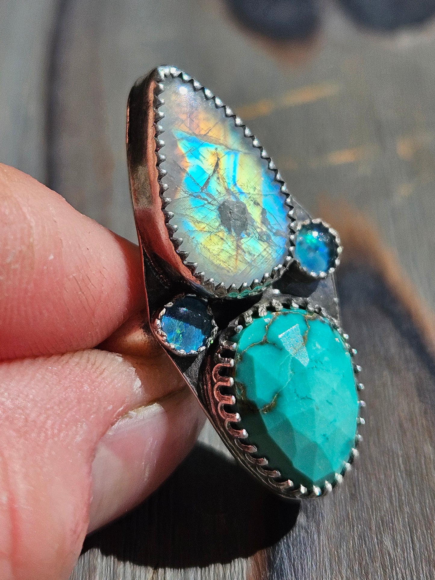 "Pocahontas" Turquoise, Moonstone and Black Opal Ring, Size 8.5