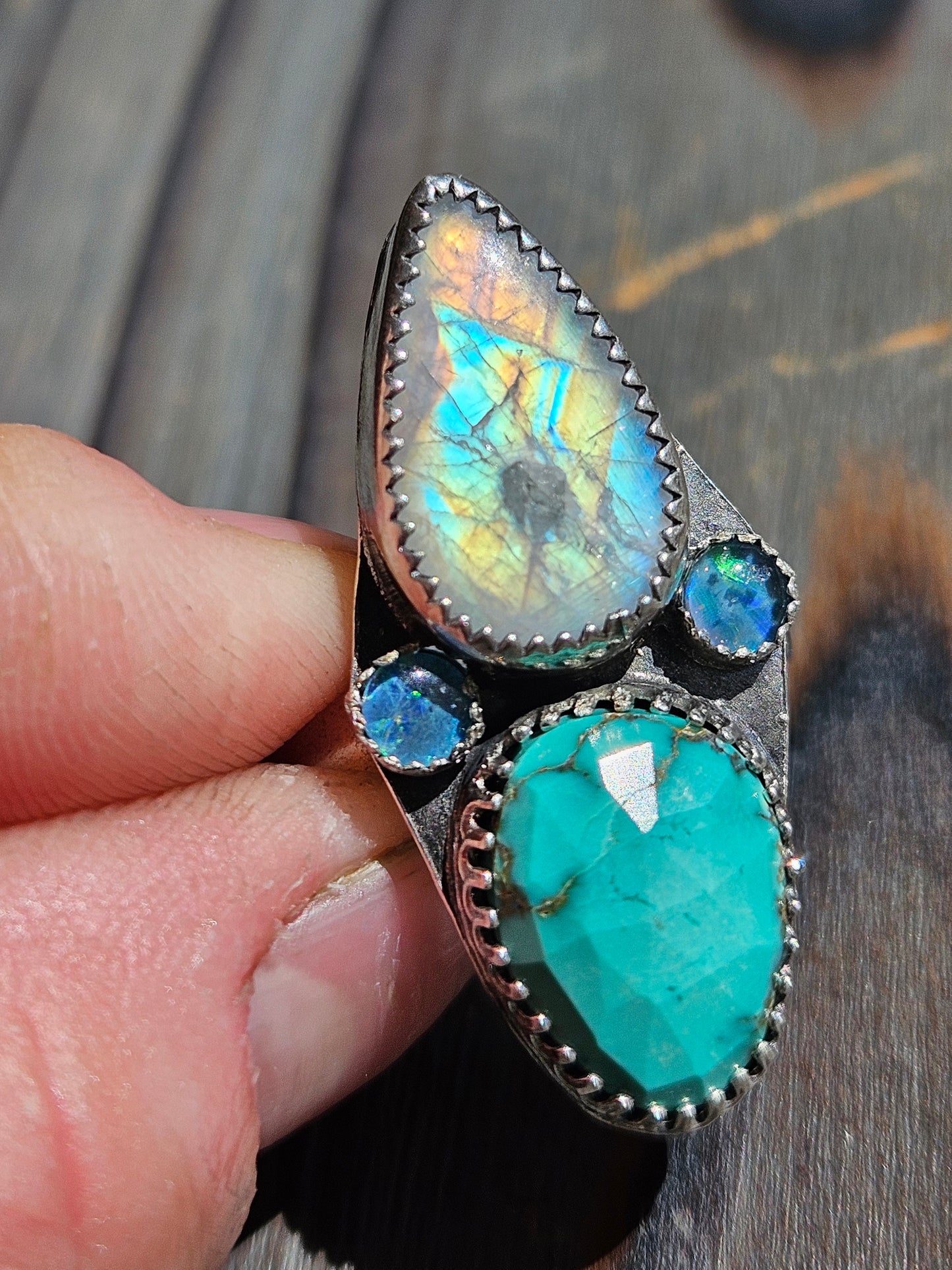 "Pocahontas" Turquoise, Moonstone and Black Opal Ring, Size 8.5