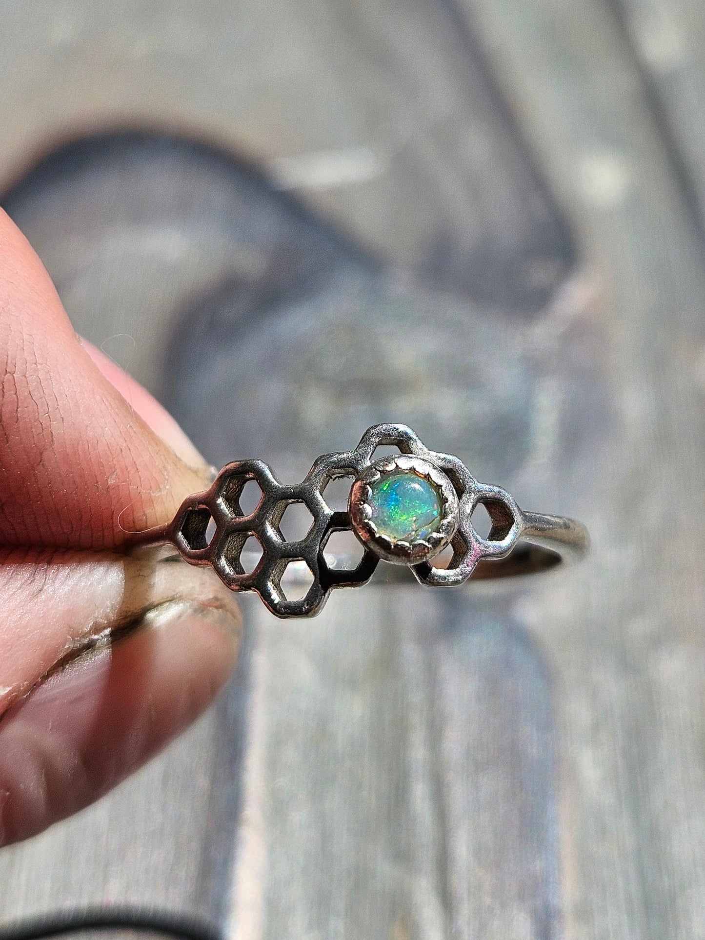 Ethiopian Opal and Honeycomb ring, size 8