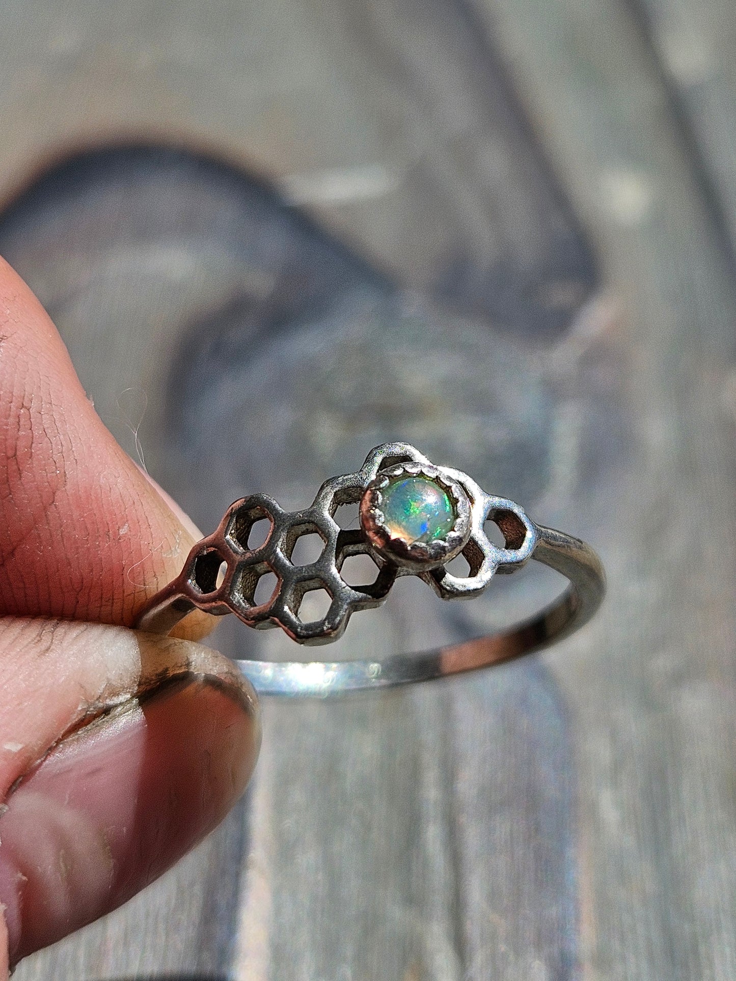 Ethiopian Opal and Honeycomb ring, size 8