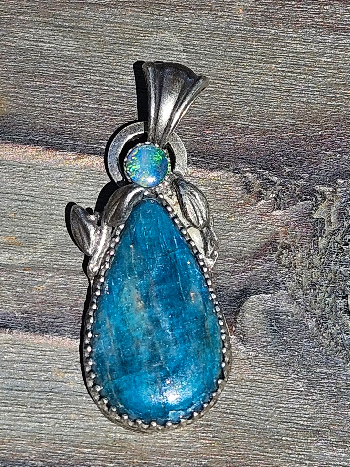 Blue Apatite and Australian Opal Pendant with Vines