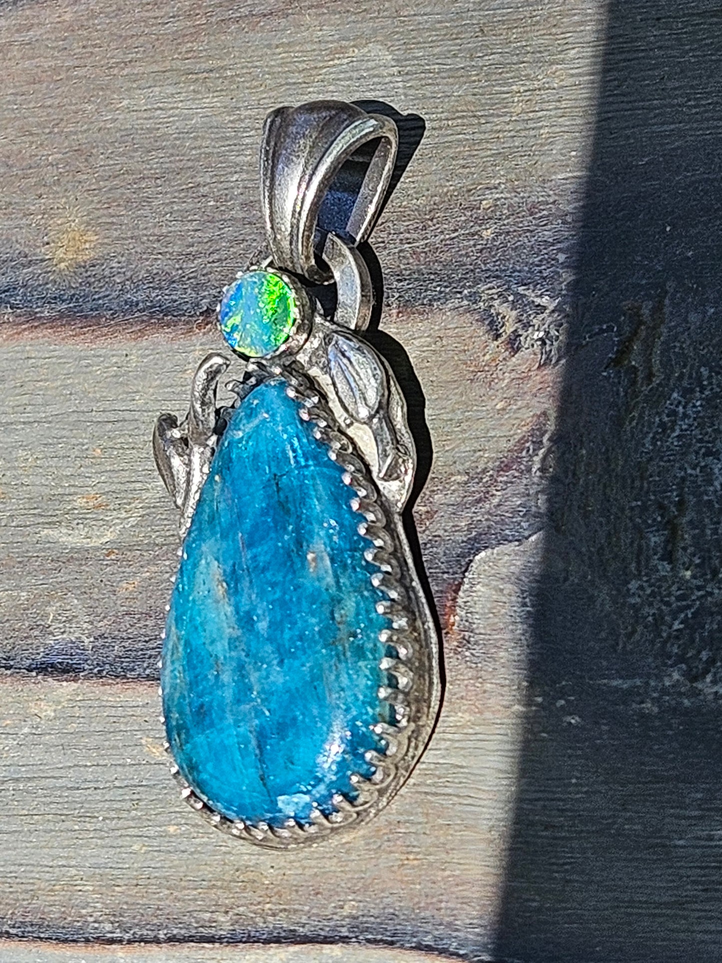 Blue Apatite and Australian Opal Pendant with Vines