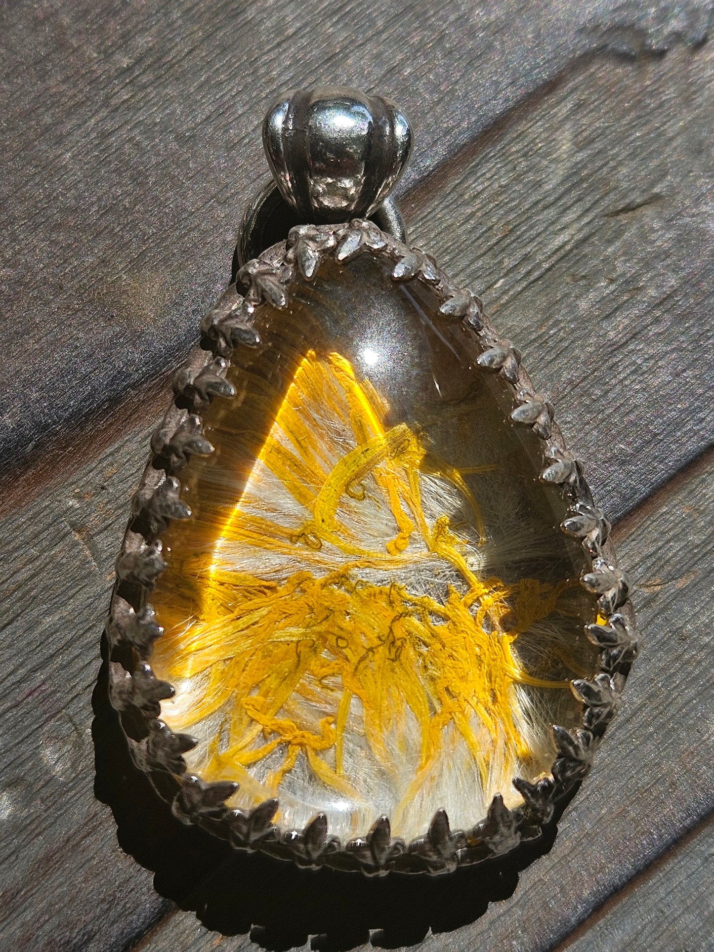 "Dandelion Day" Dried Dandelion and Gem Quality Quartz Crystal Pendant