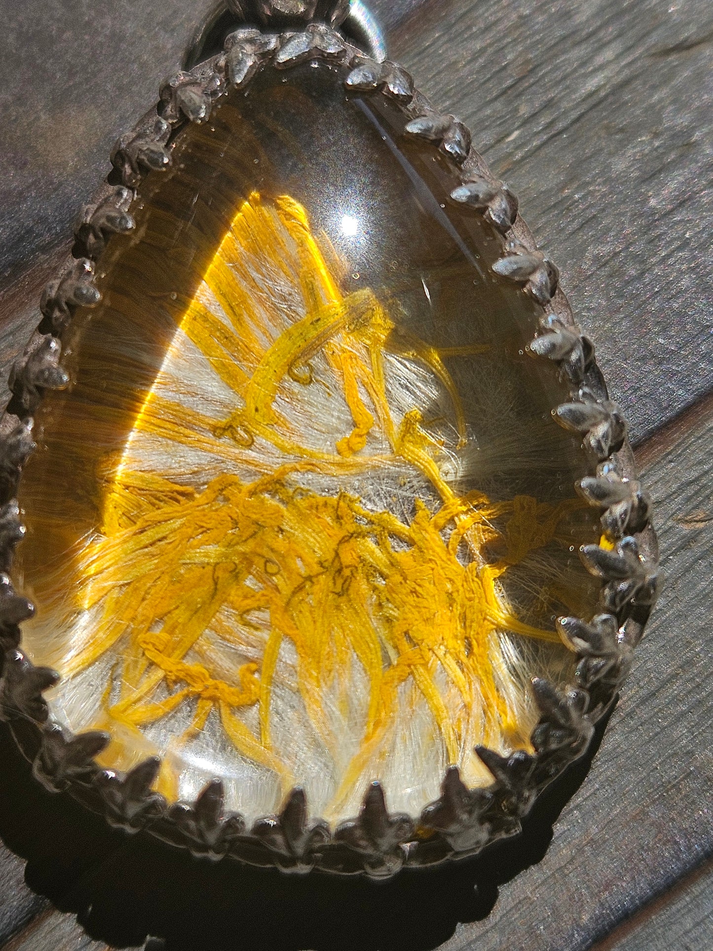 "Dandelion Day" Dried Dandelion and Gem Quality Quartz Crystal Pendant