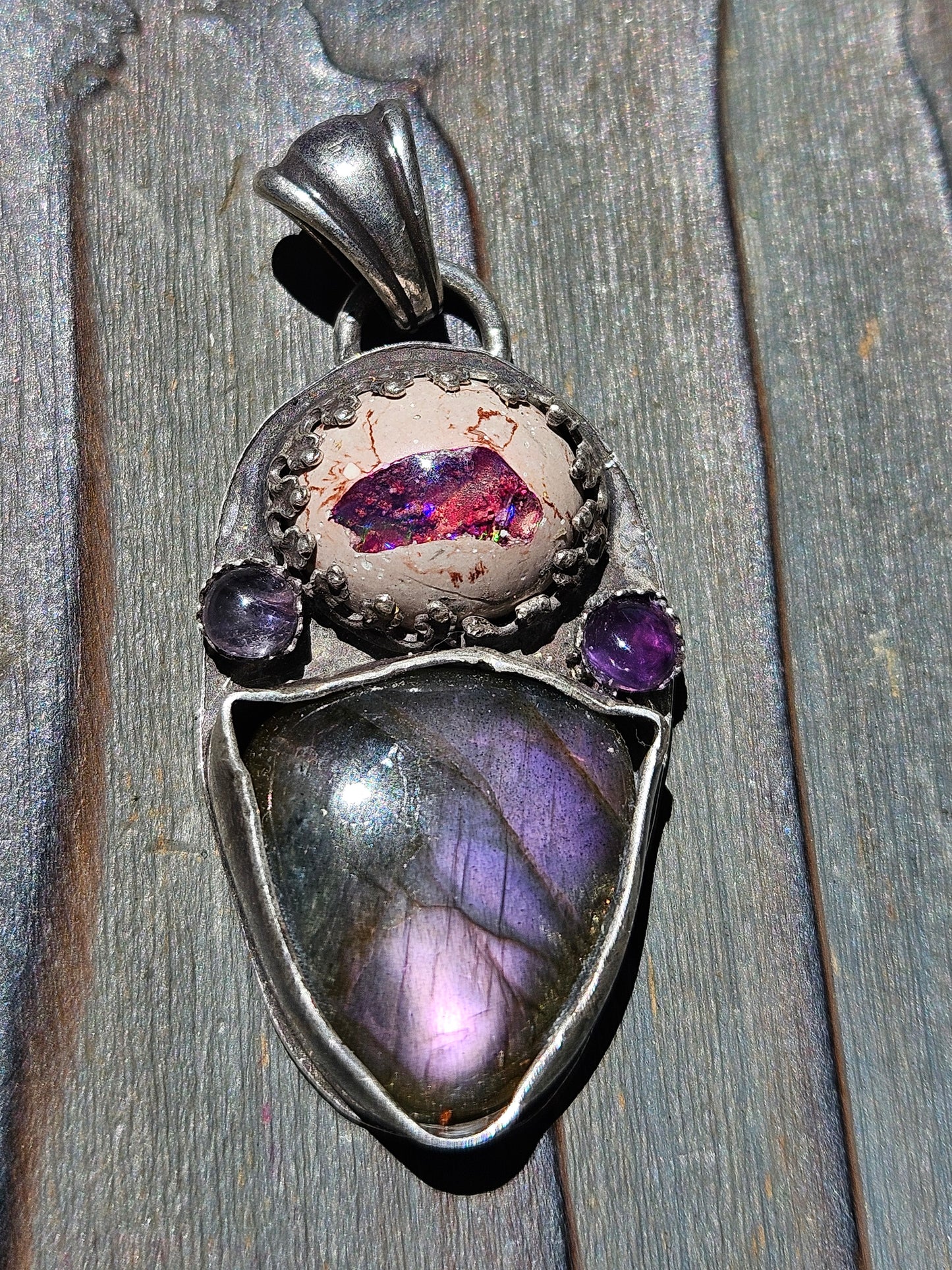 "Purple Puss Power" Purple Labradorite, Galaxy Opal and Amethyst Pendant