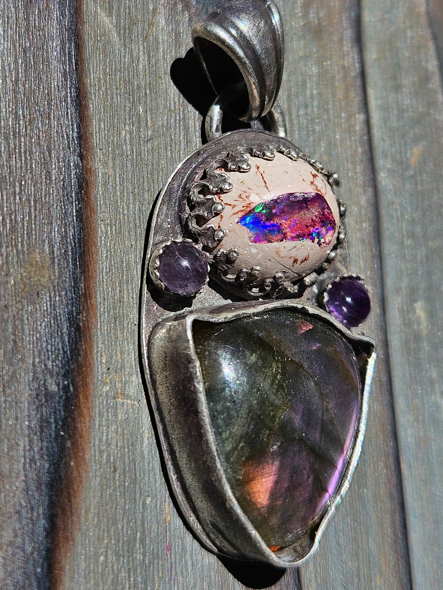 "Purple Puss Power" Purple Labradorite, Galaxy Opal and Amethyst Pendant