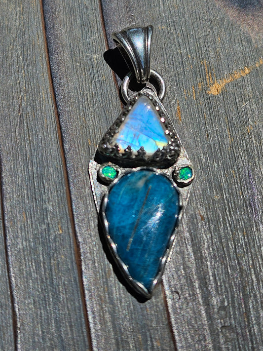 Blue Apatite, Mystic Moonstone and green Australian Opal Pendant