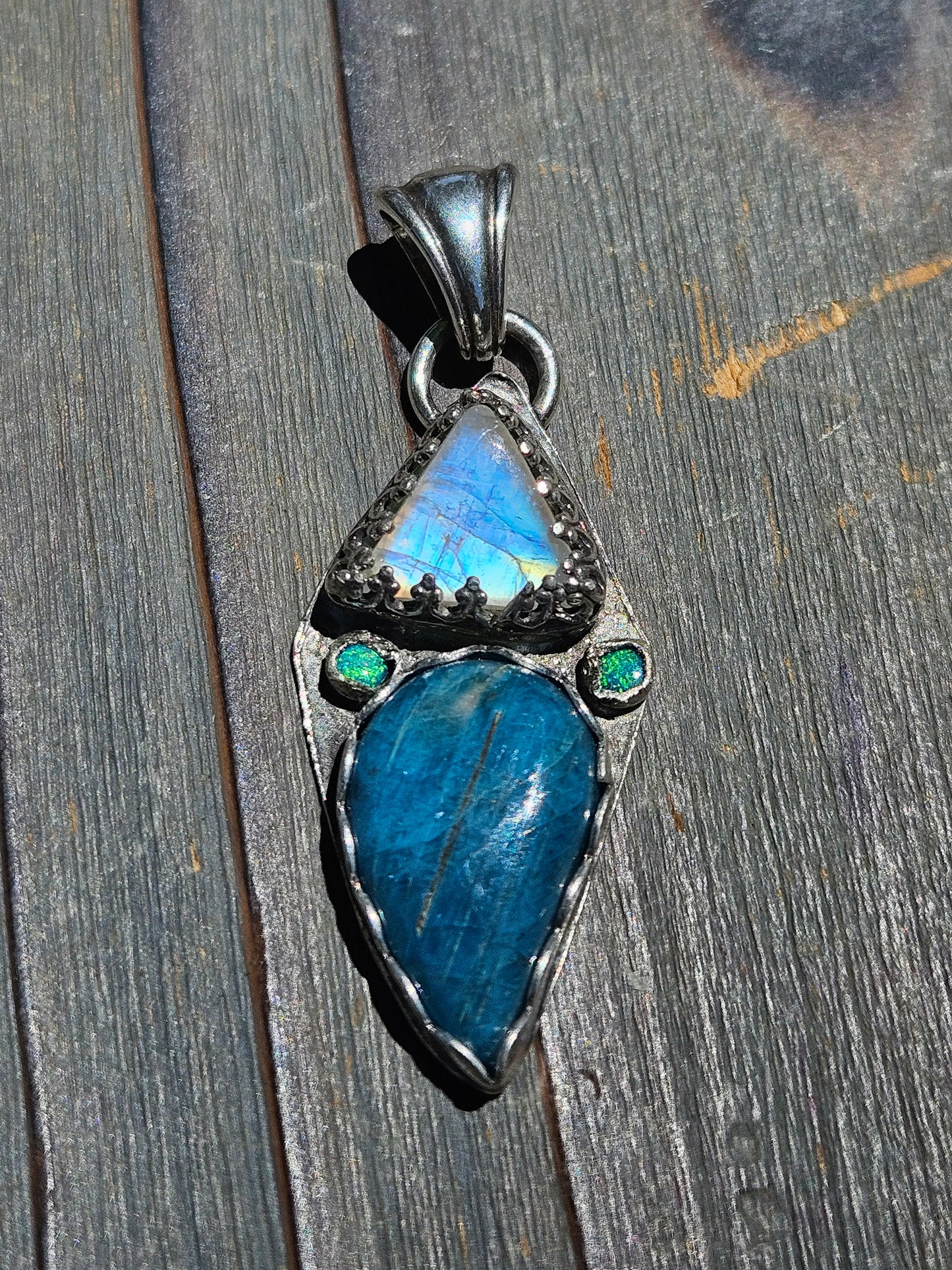 Blue Apatite, Mystic Moonstone and green Australian Opal Pendant