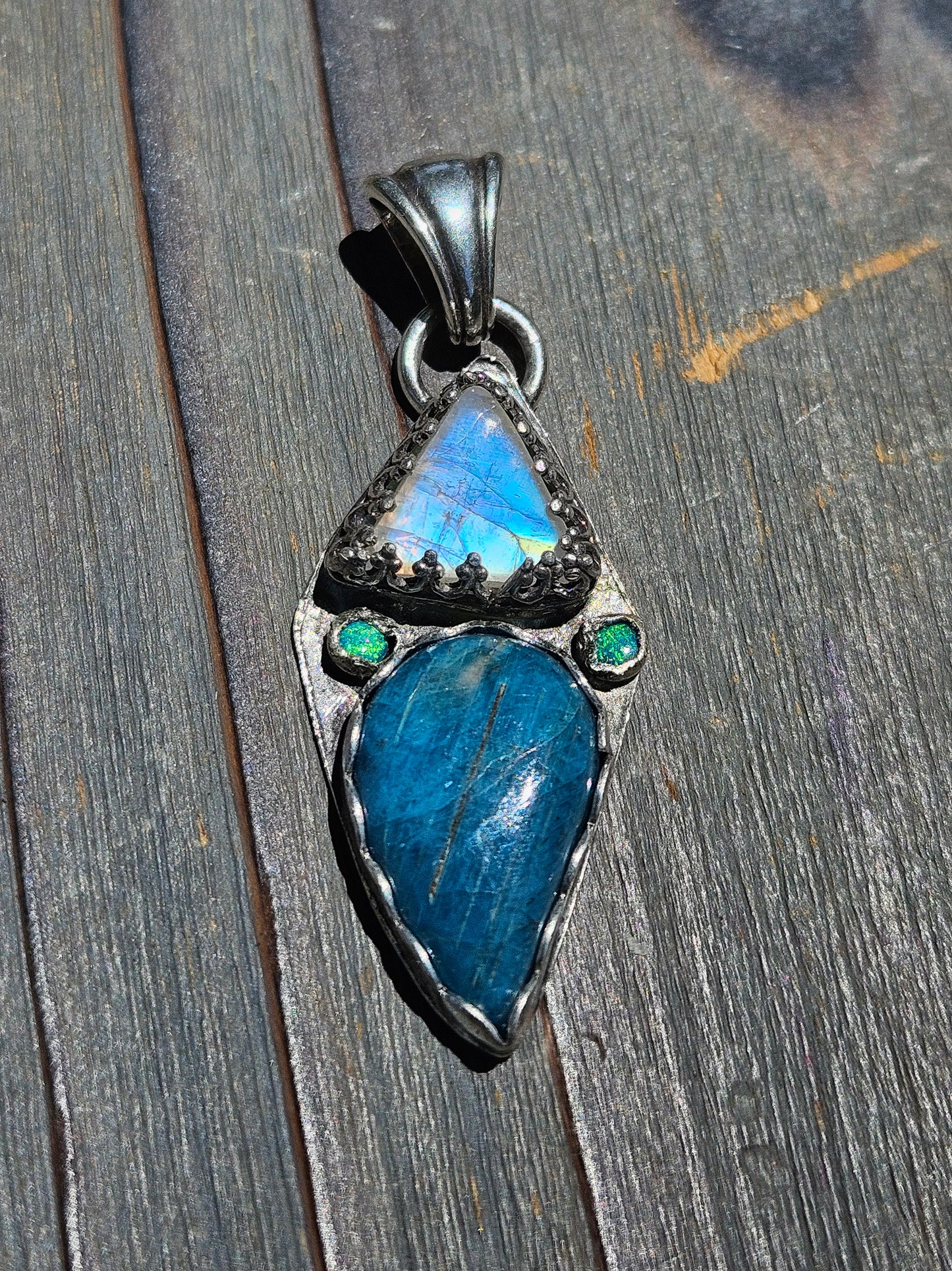 Blue Apatite, Mystic Moonstone and green Australian Opal Pendant