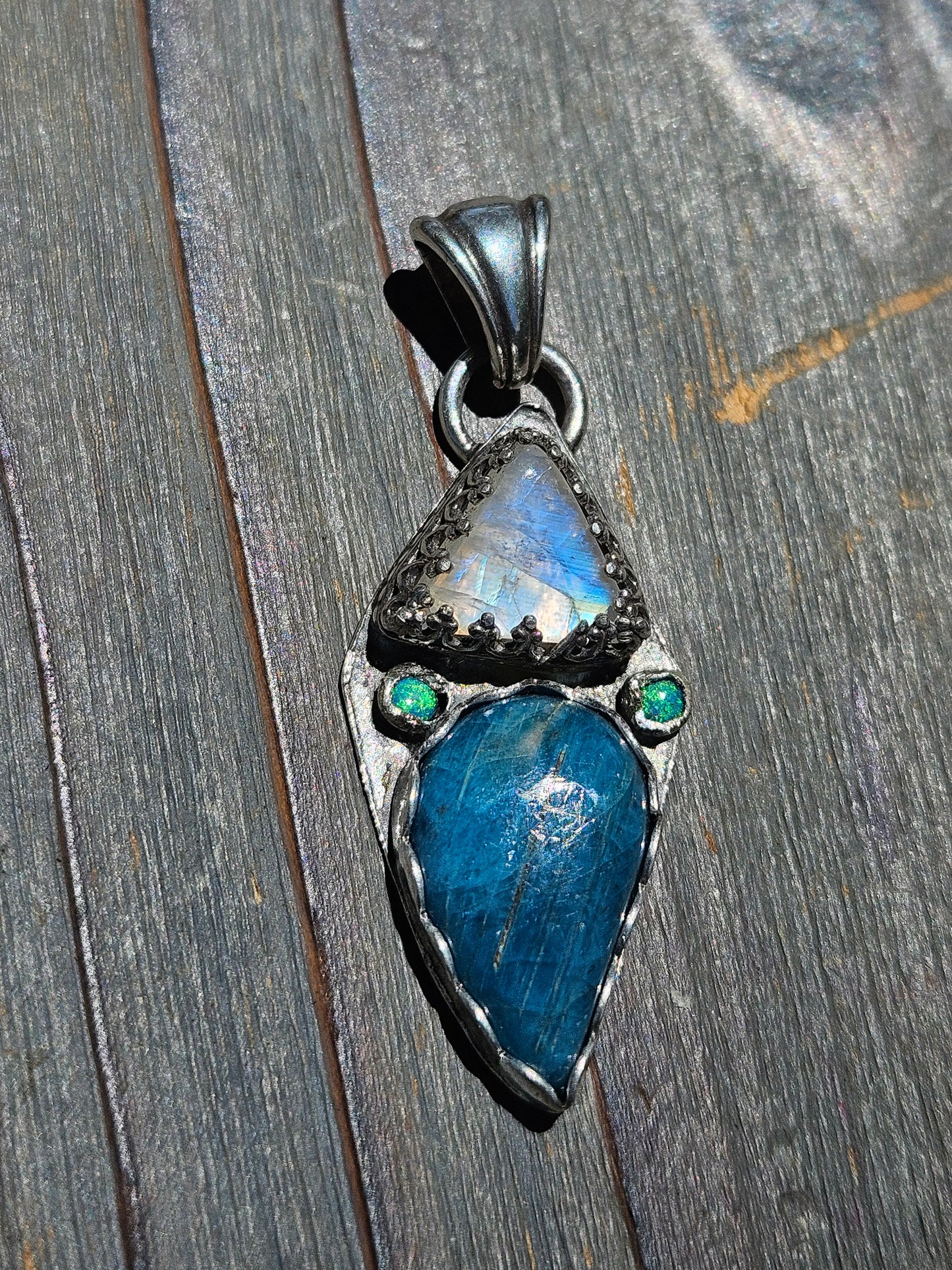 Blue Apatite, Mystic Moonstone and green Australian Opal Pendant