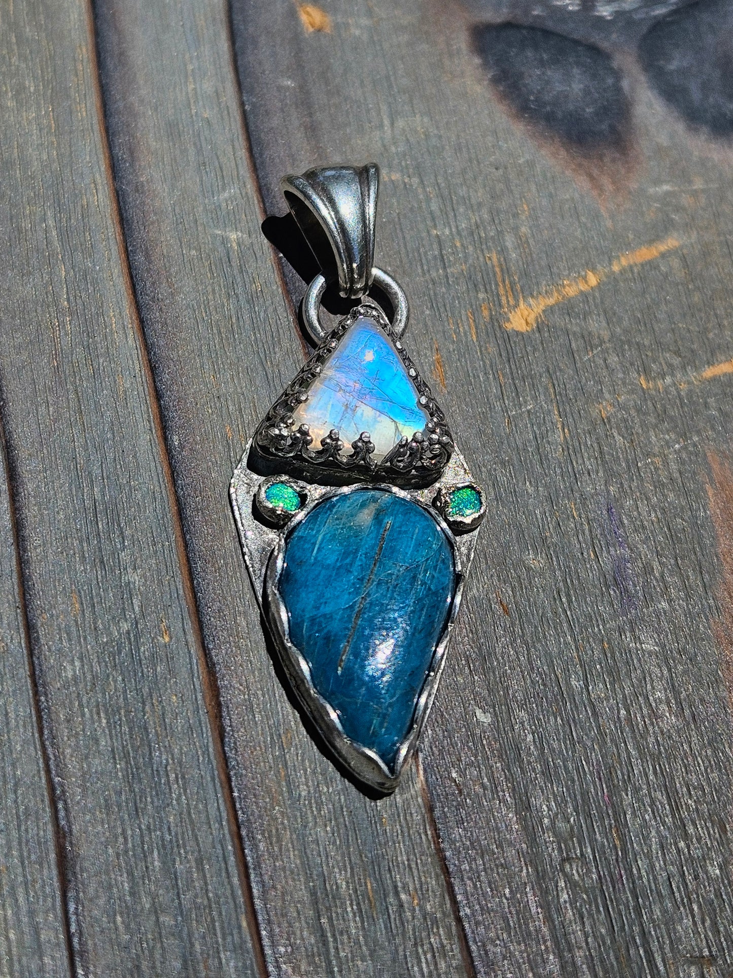 Blue Apatite, Mystic Moonstone and green Australian Opal Pendant