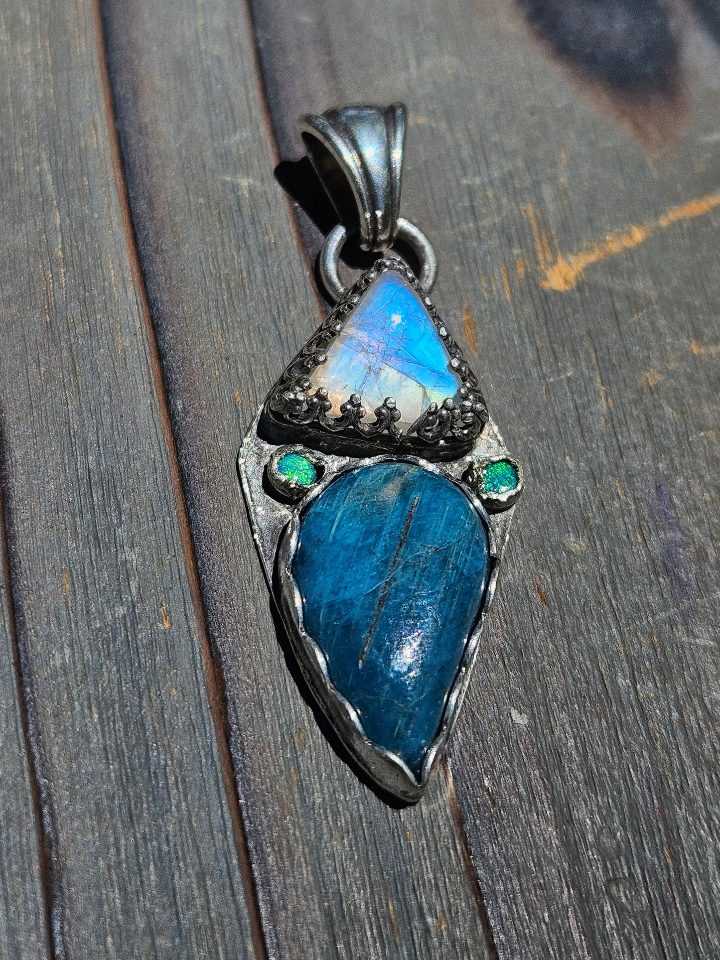 Blue Apatite, Mystic Moonstone and green Australian Opal Pendant