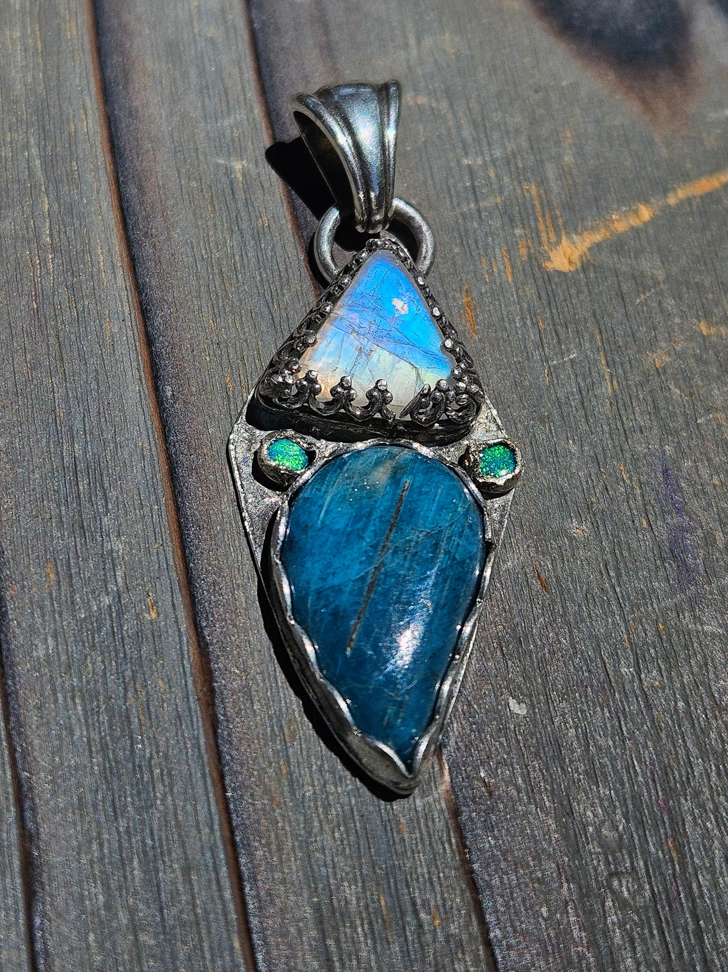 Blue Apatite, Mystic Moonstone and green Australian Opal Pendant