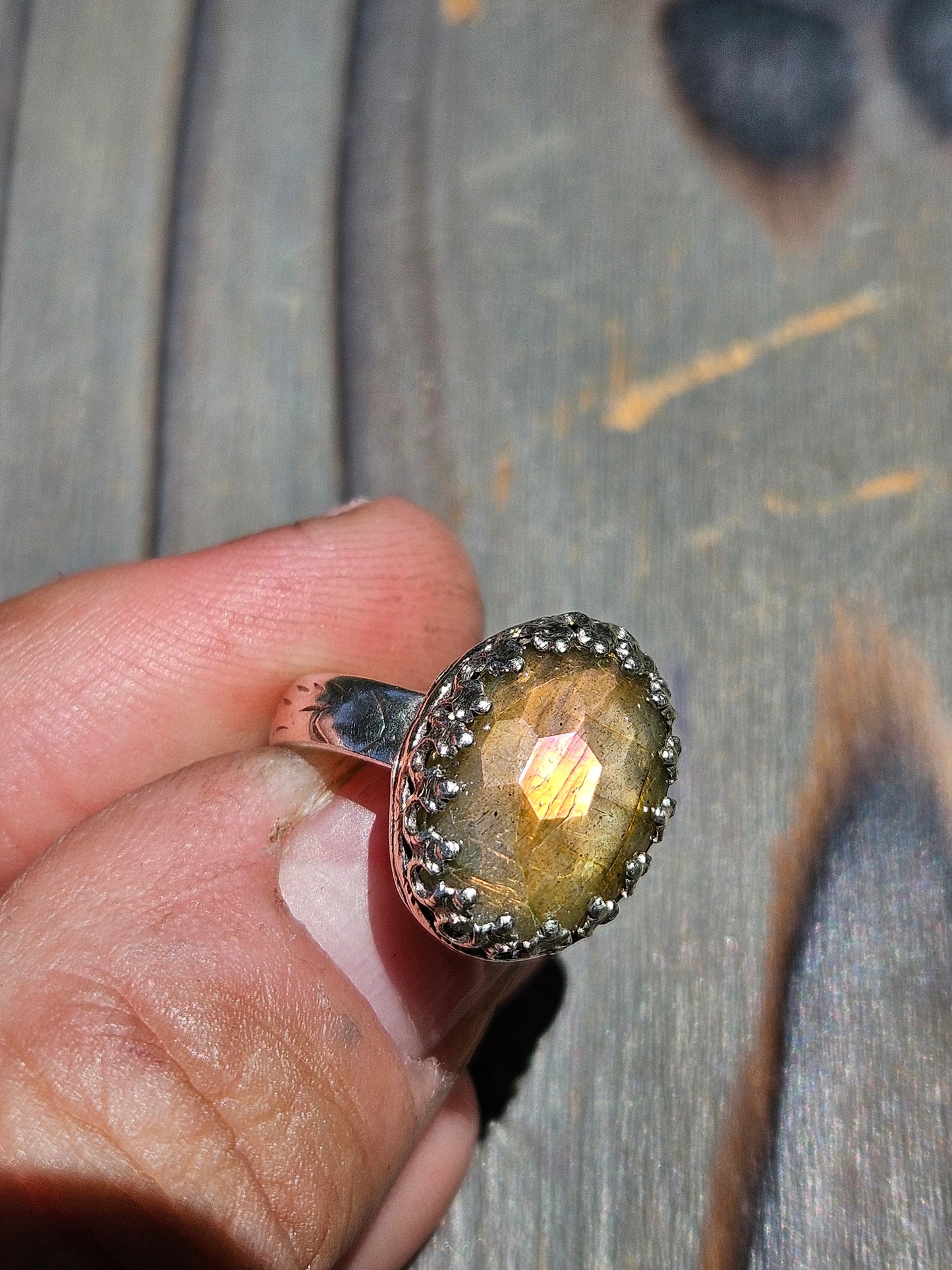 "Light my Fire" Honeycomb Cut Labradorite Ring, Size 6