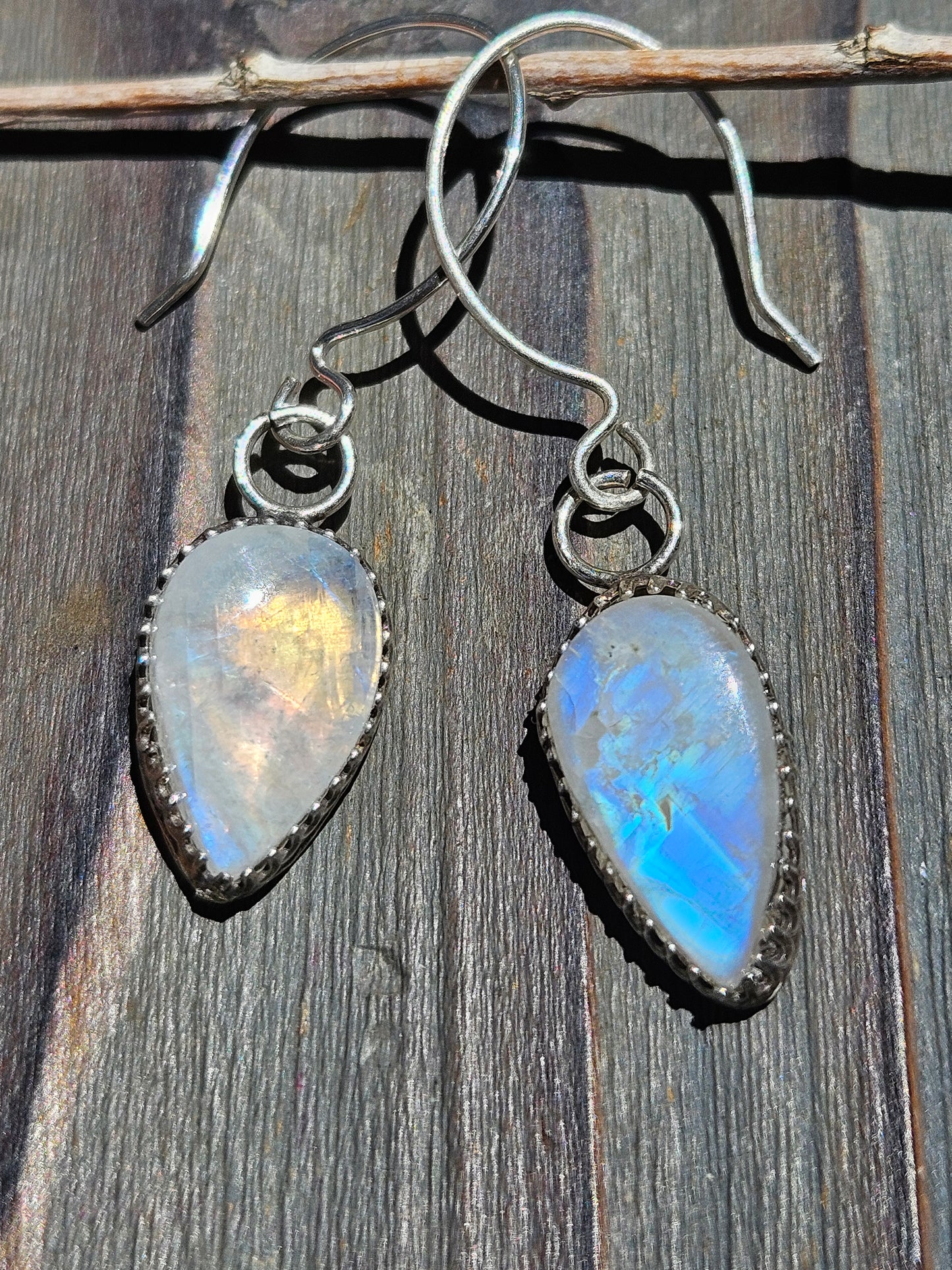 "Duality" Golden and Blue Moonstone Earrings