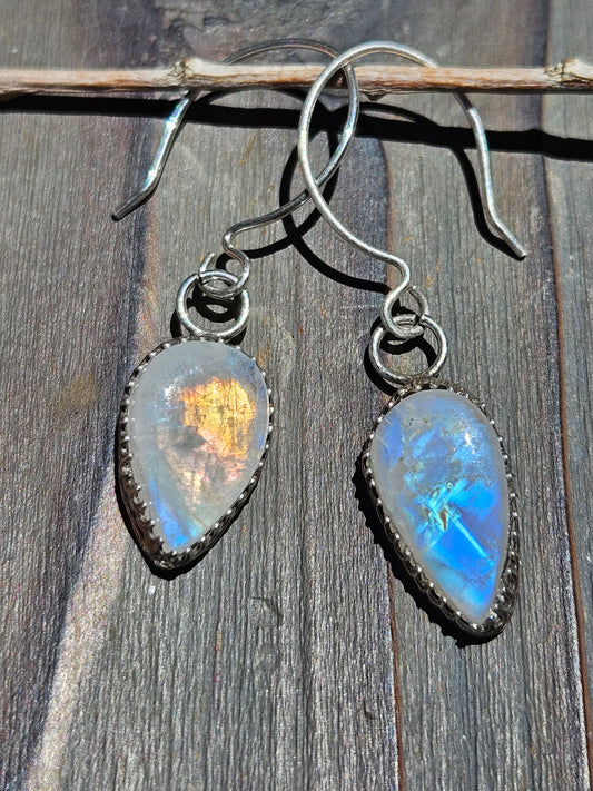 "Duality" Golden and Blue Moonstone Earrings