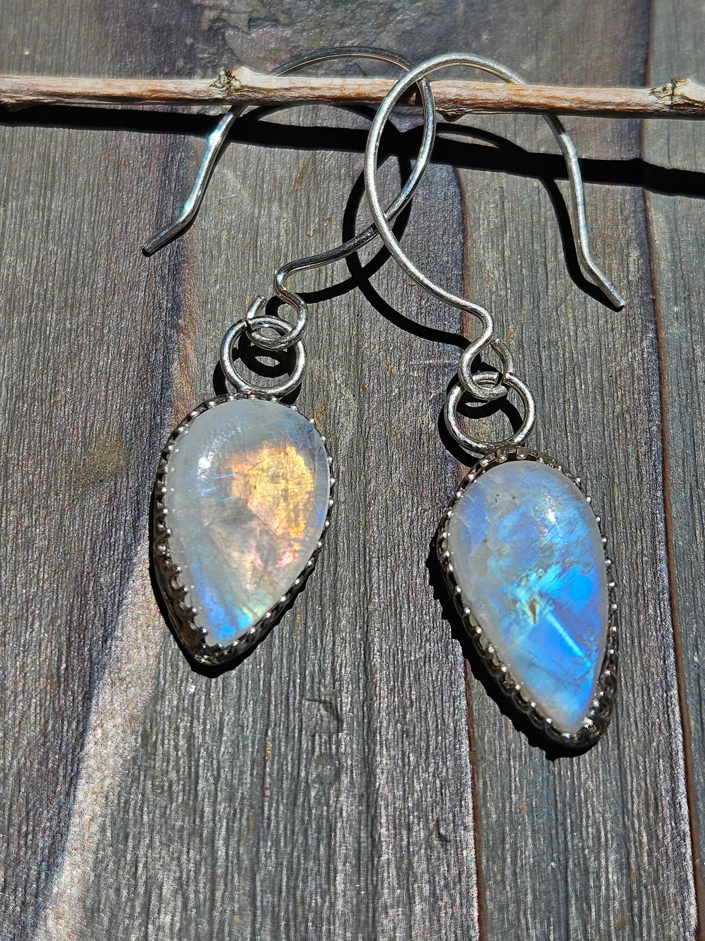 "Duality" Golden and Blue Moonstone Earrings