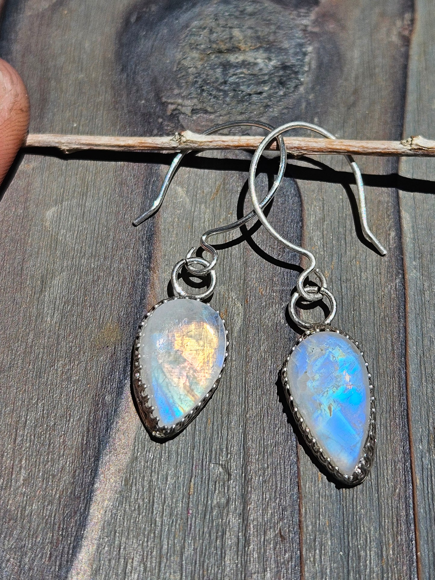 "Duality" Golden and Blue Moonstone Earrings