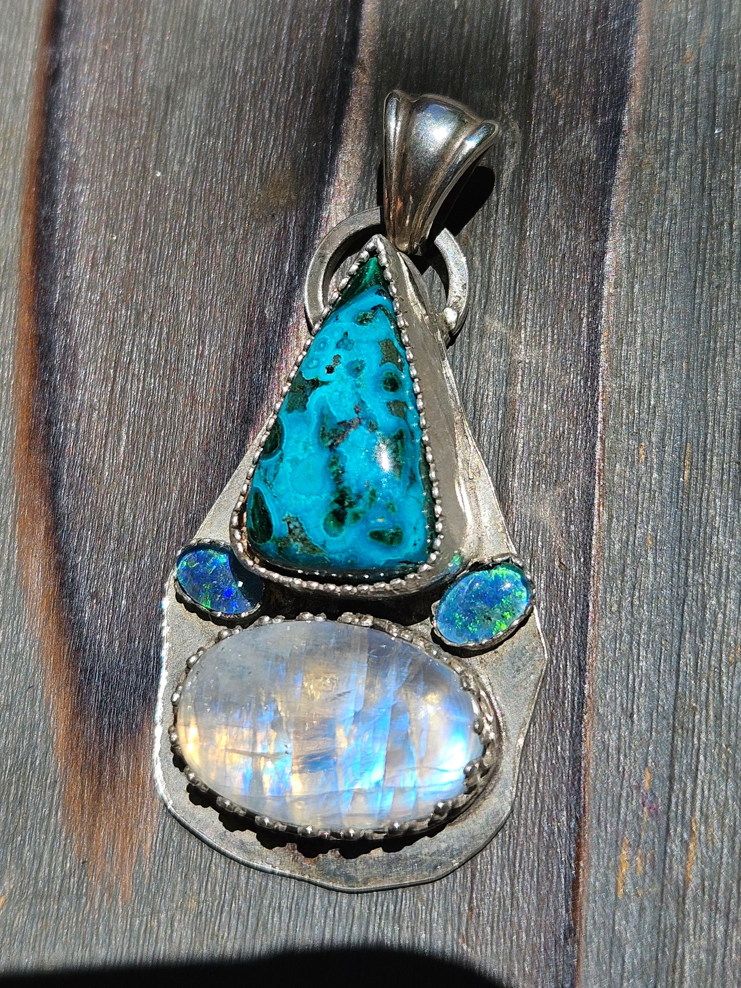 Chrysocolla, Australian Opals and Moonstone Pendant