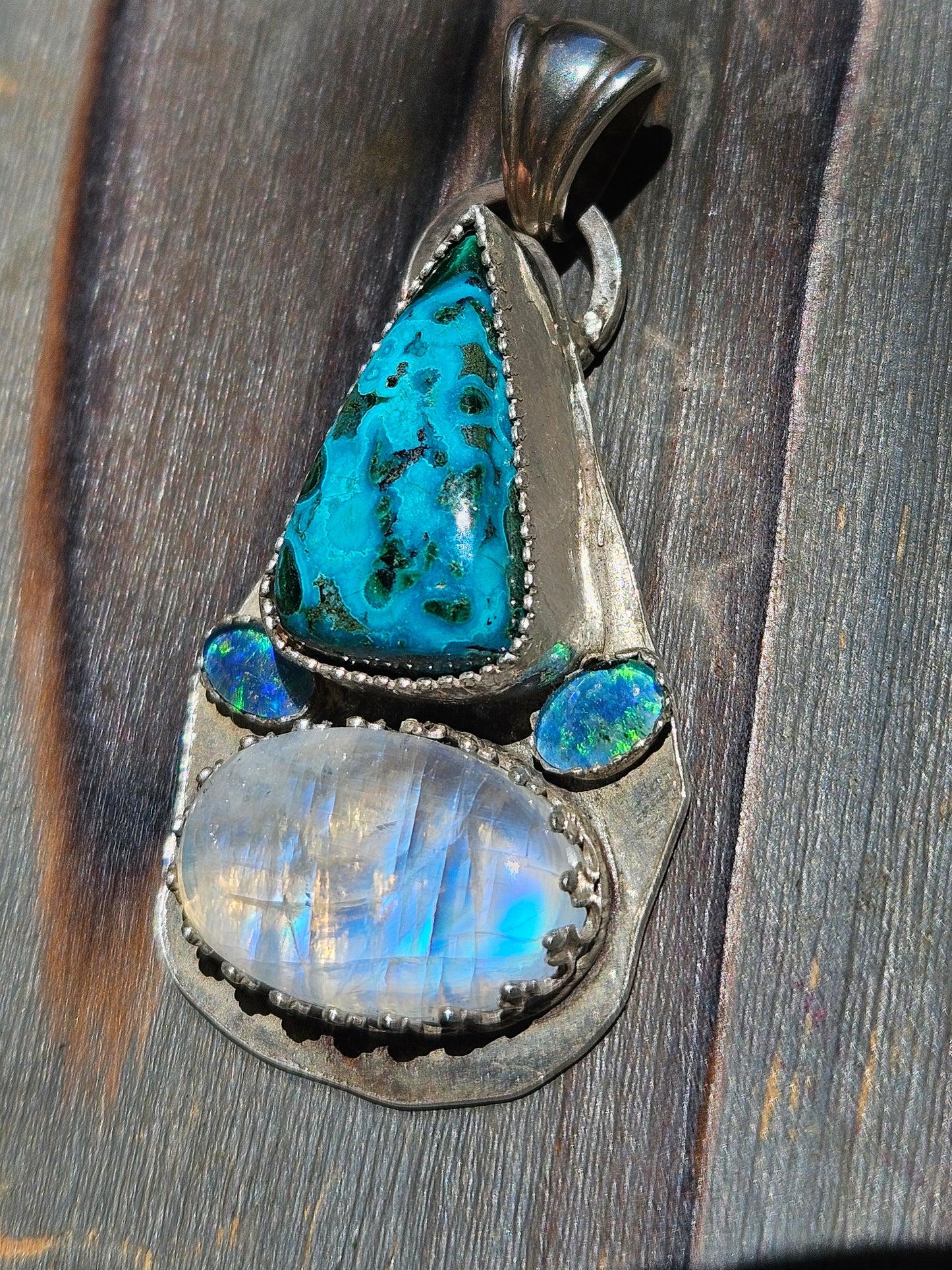 Chrysocolla, Australian Opals and Moonstone Pendant