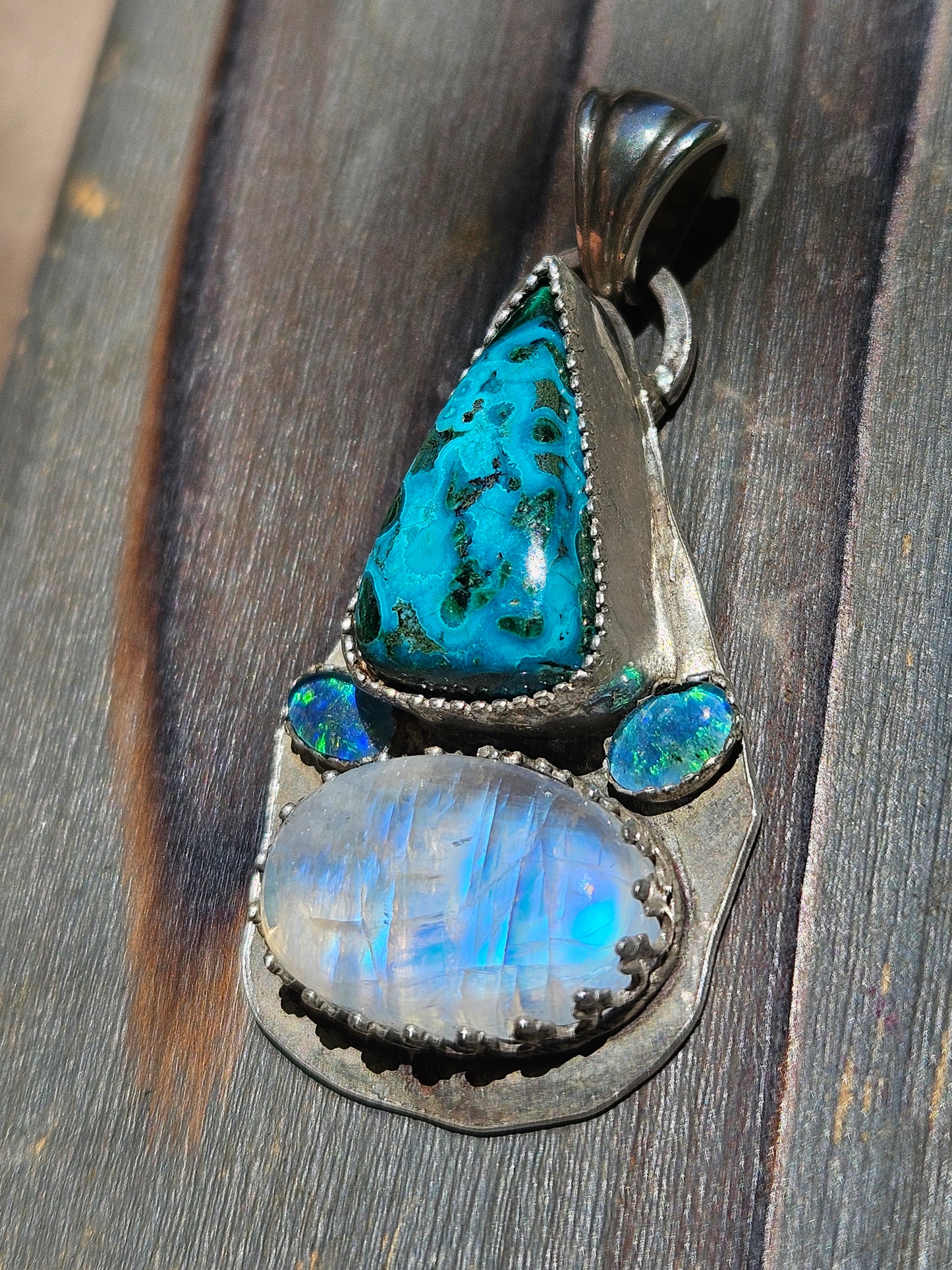 Chrysocolla, Australian Opals and Moonstone Pendant