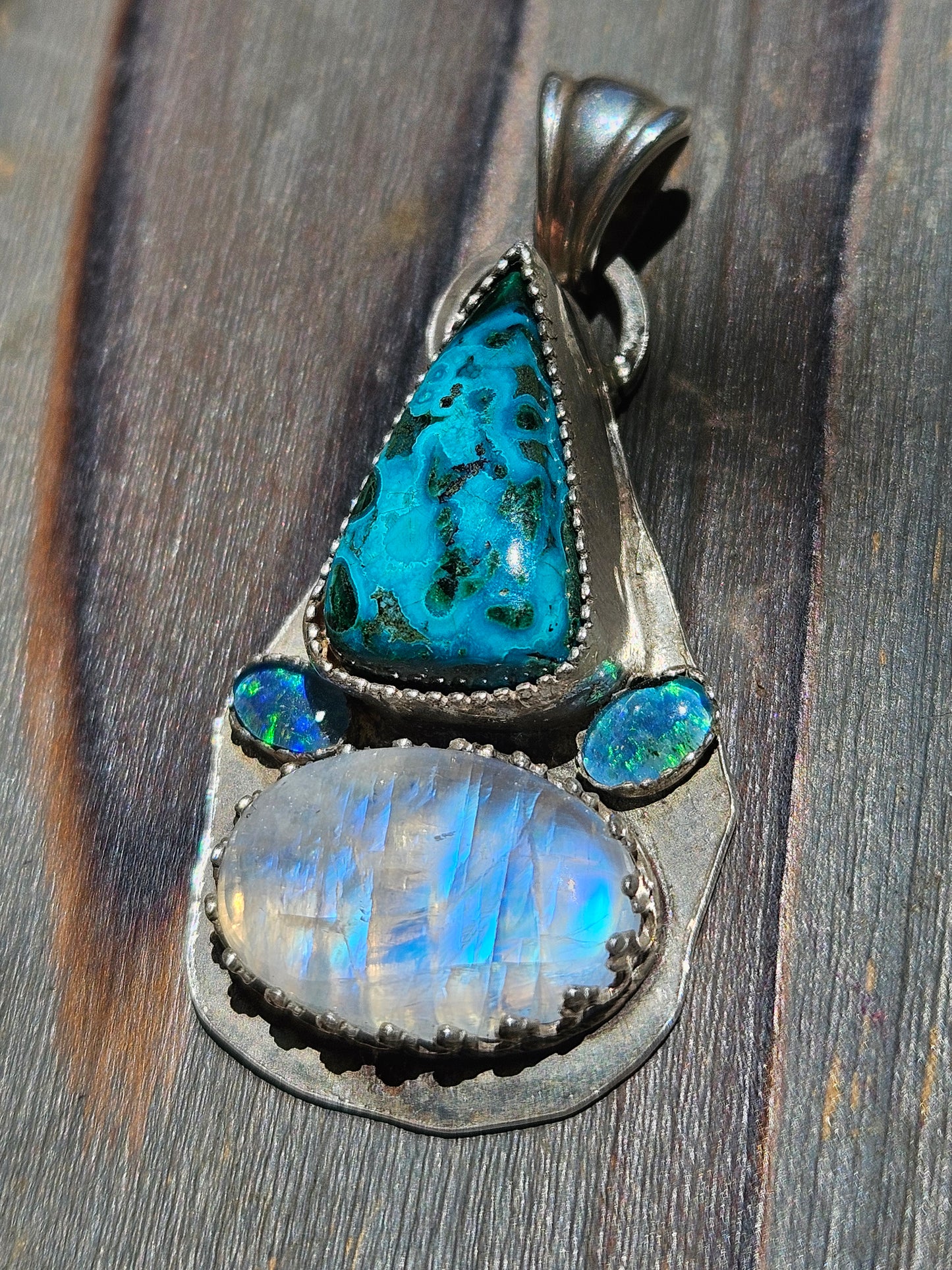 Chrysocolla, Australian Opals and Moonstone Pendant