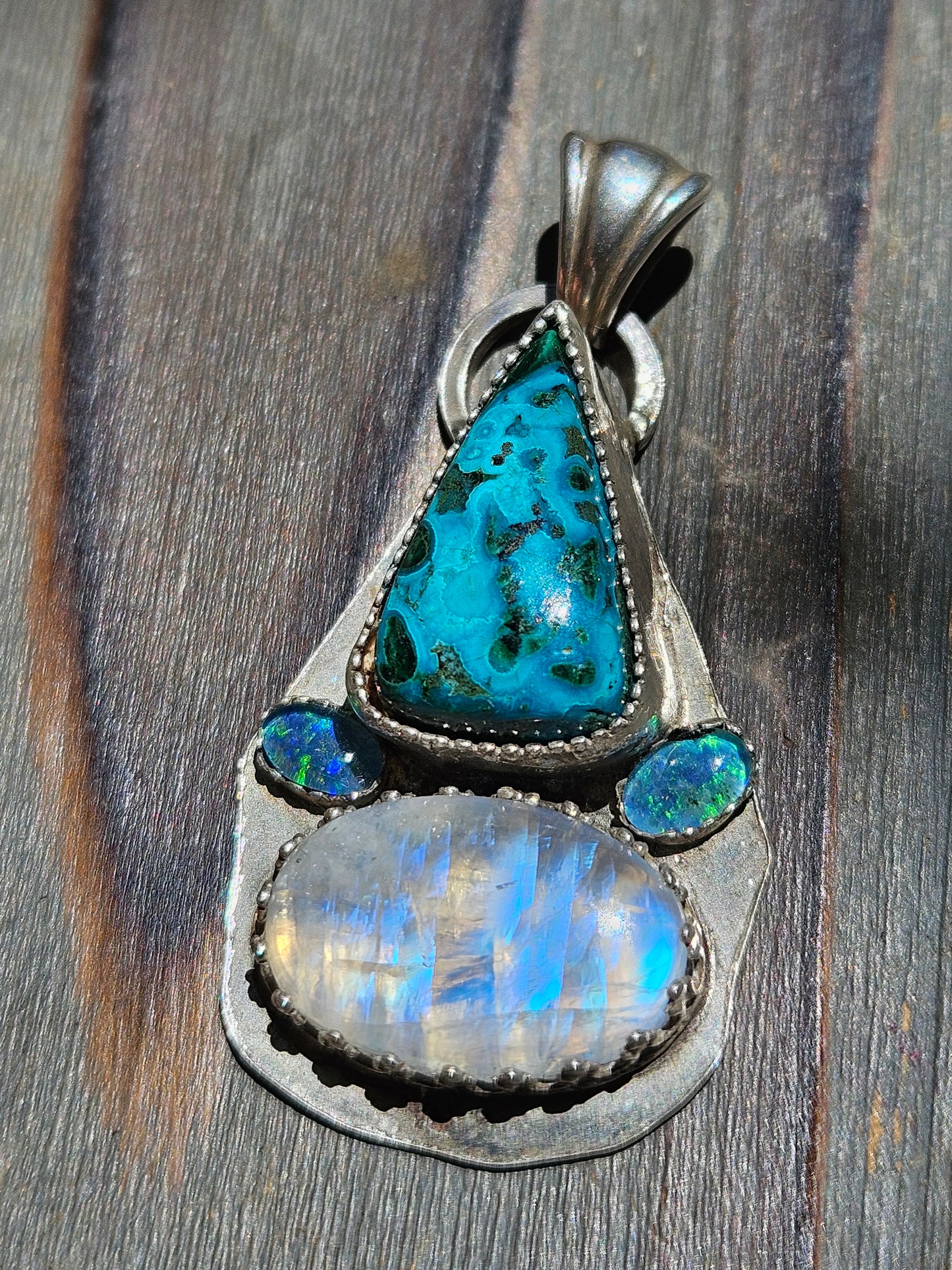 Chrysocolla, Australian Opals and Moonstone Pendant