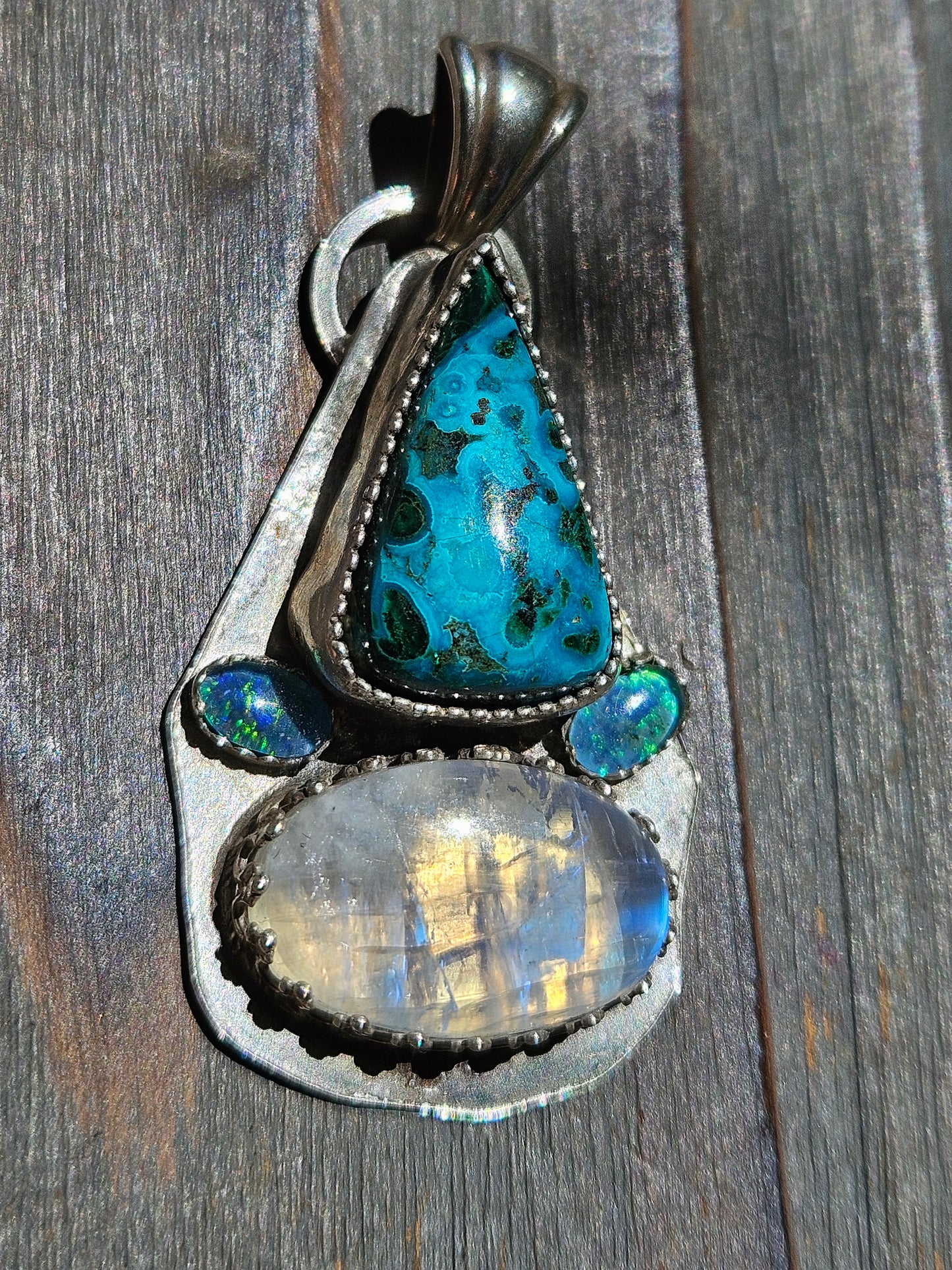 Chrysocolla, Australian Opals and Moonstone Pendant