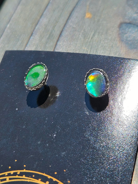 Green and Teal Ammolite Stud Earrings