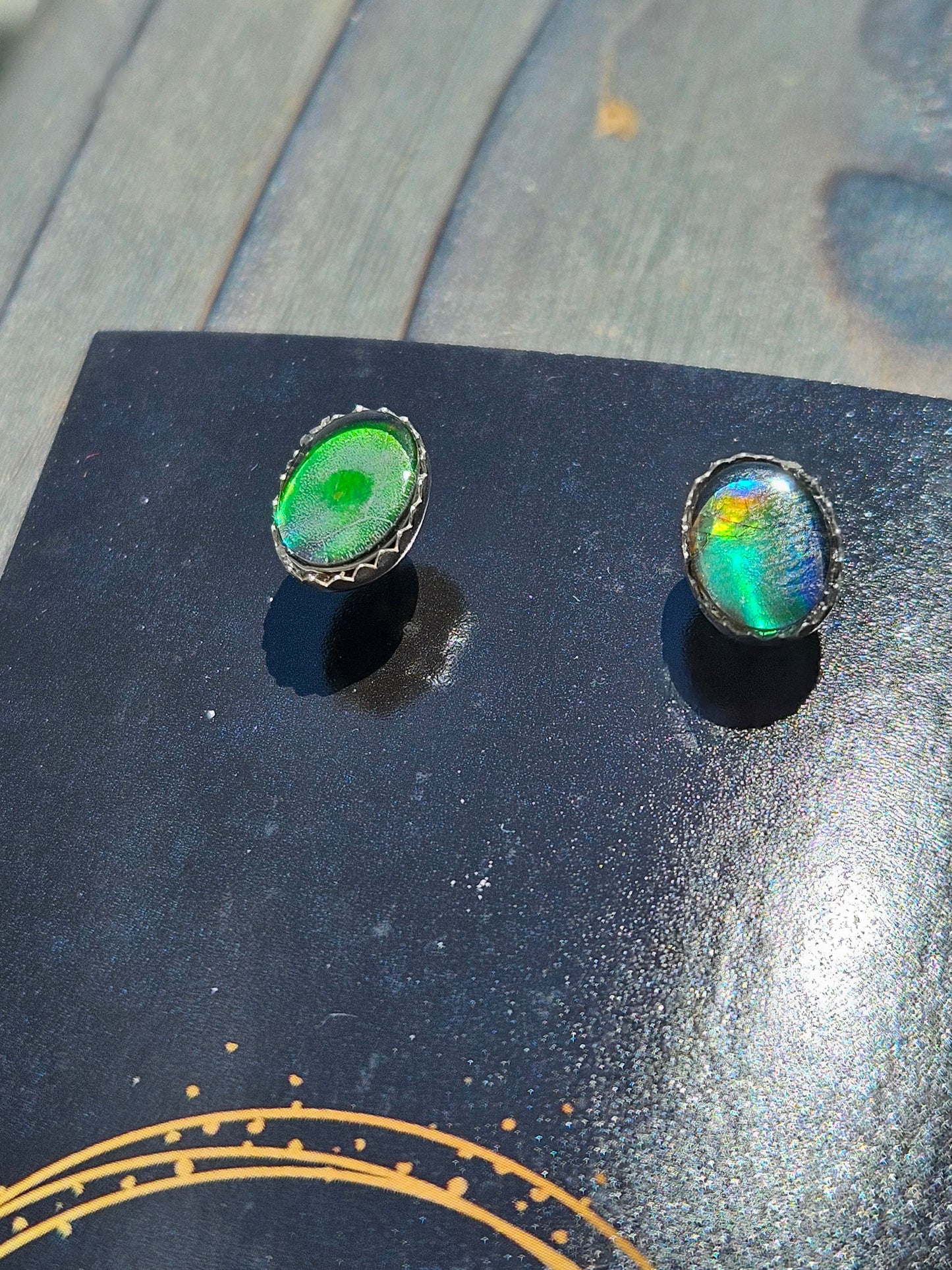 Green and Teal Ammolite Stud Earrings