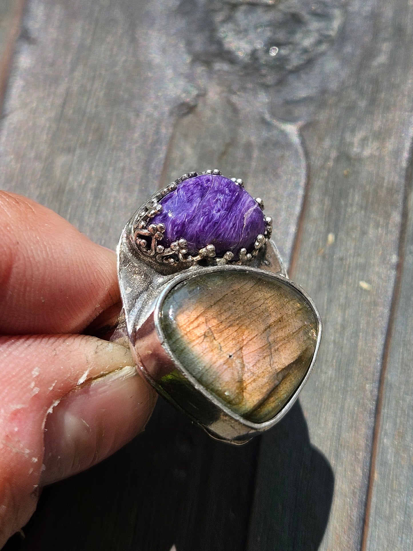 Purple Charorite and Orange Labradorite Ring, Size 8