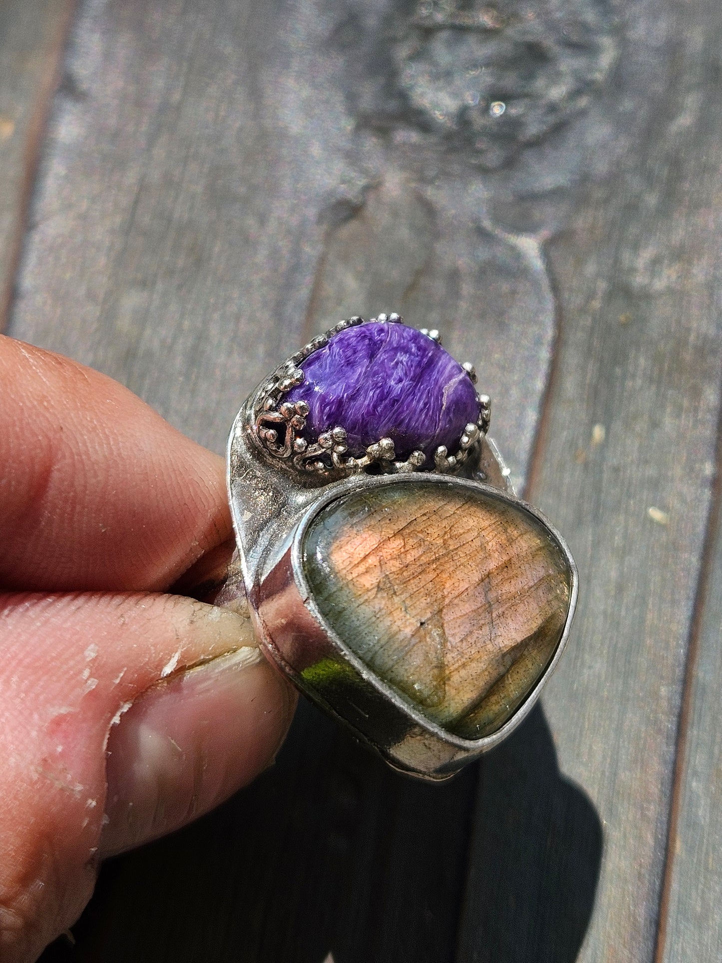 Purple Charorite and Orange Labradorite Ring, Size 8