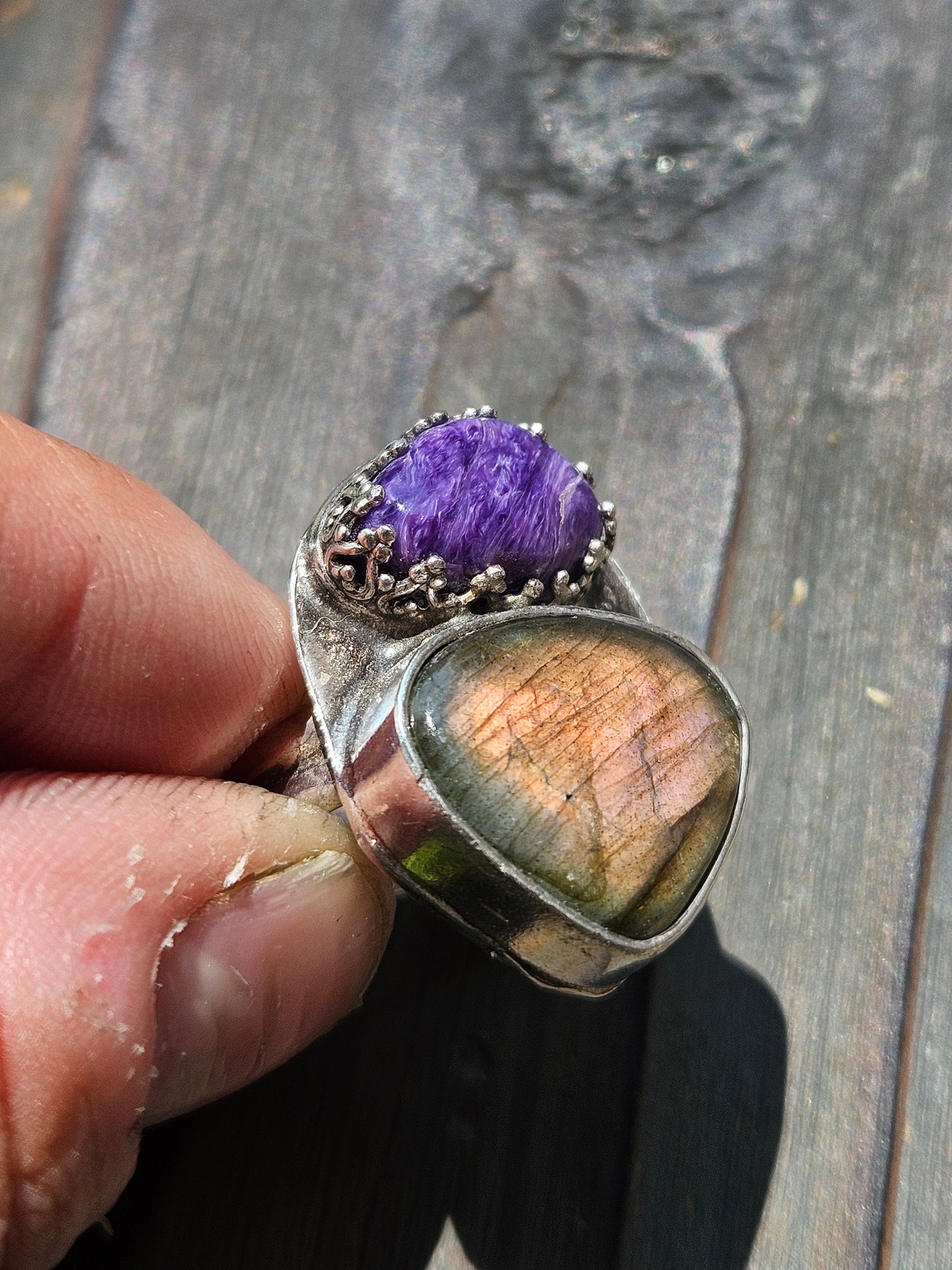 Purple Charorite and Orange Labradorite Ring, Size 8