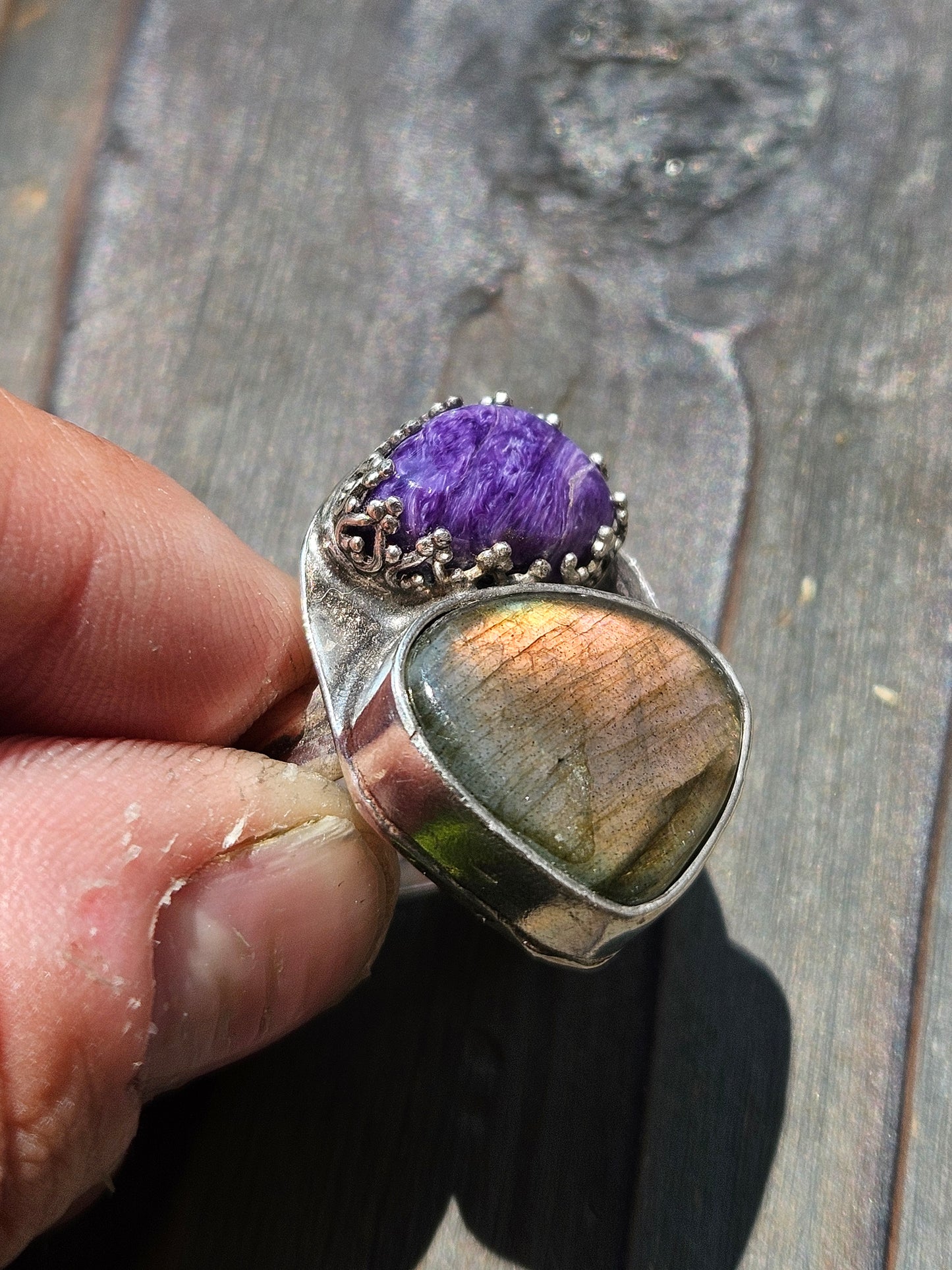 Purple Charorite and Orange Labradorite Ring, Size 8