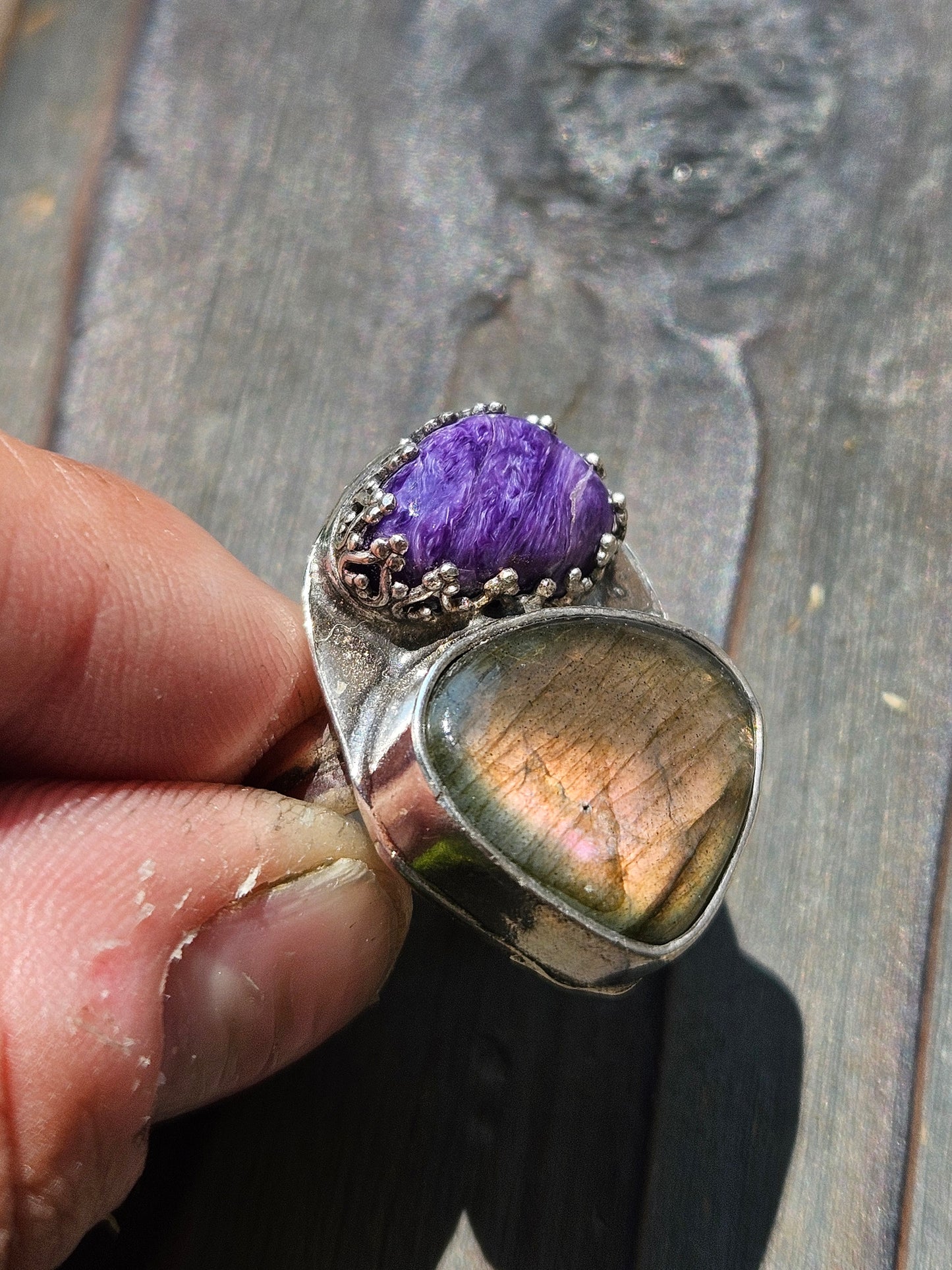 Purple Charorite and Orange Labradorite Ring, Size 8