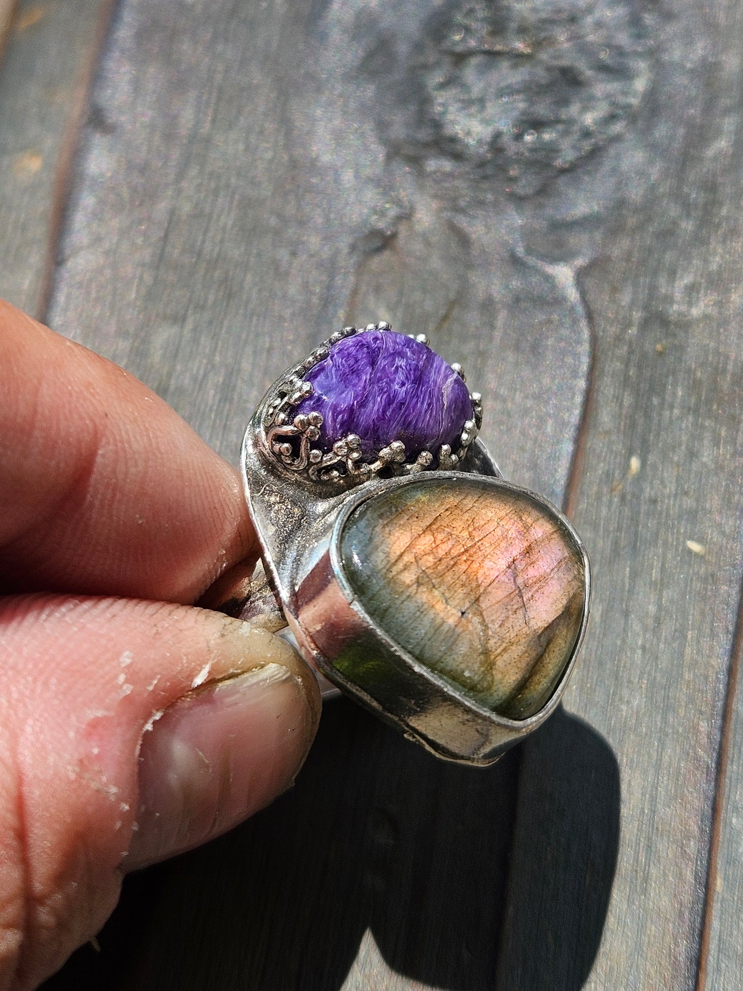 Purple Charorite and Orange Labradorite Ring, Size 8