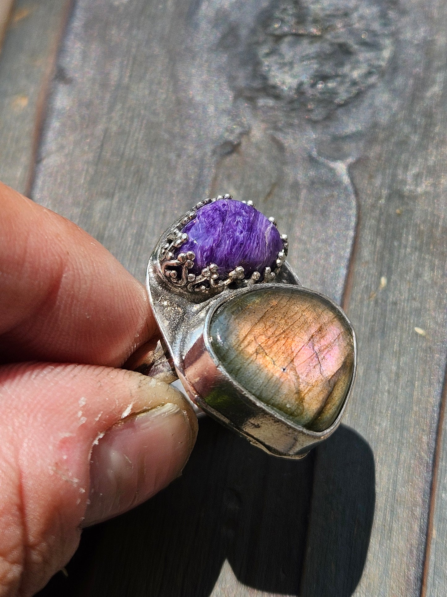 Purple Charorite and Orange Labradorite Ring, Size 8