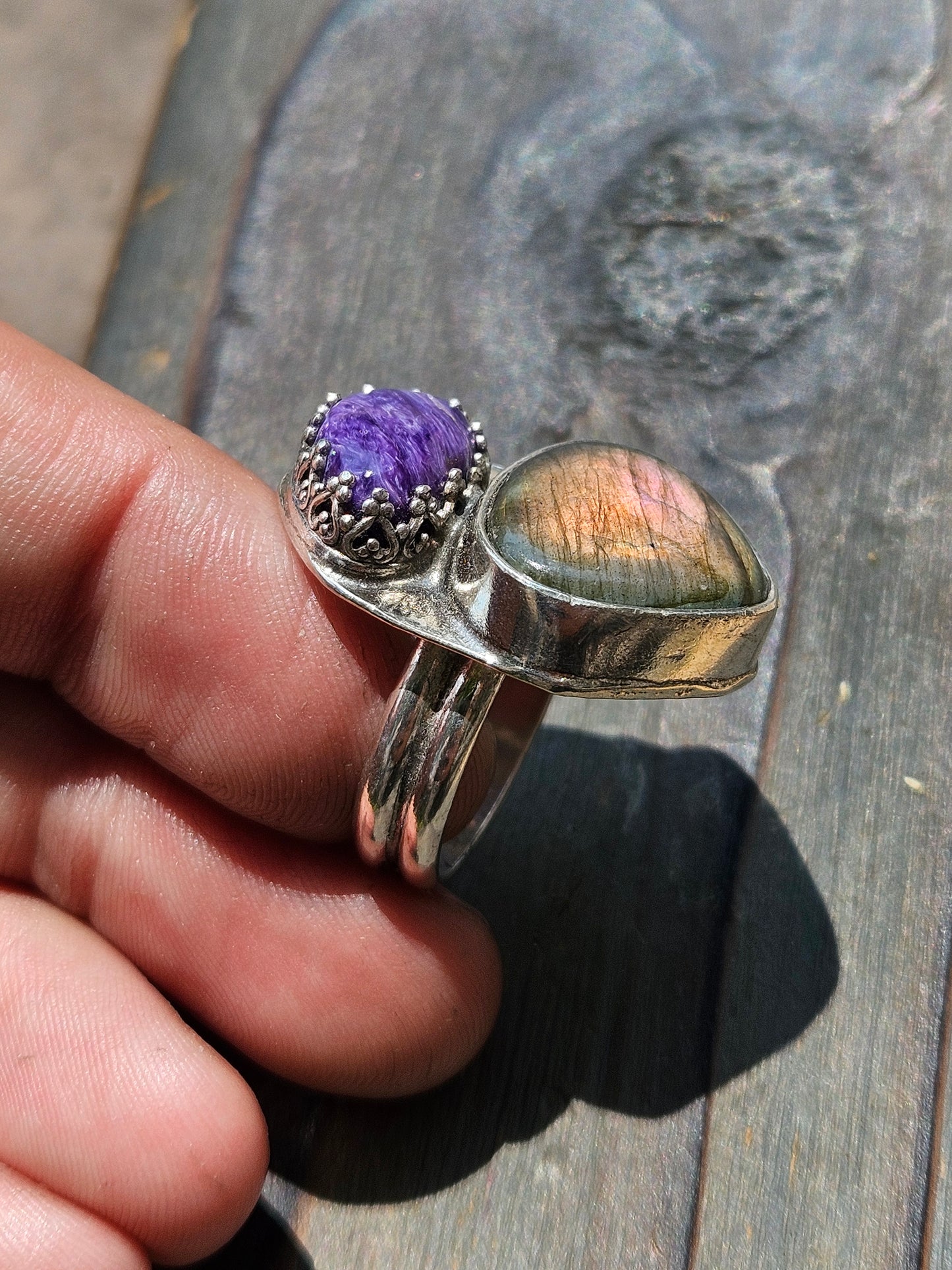 Purple Charorite and Orange Labradorite Ring, Size 8