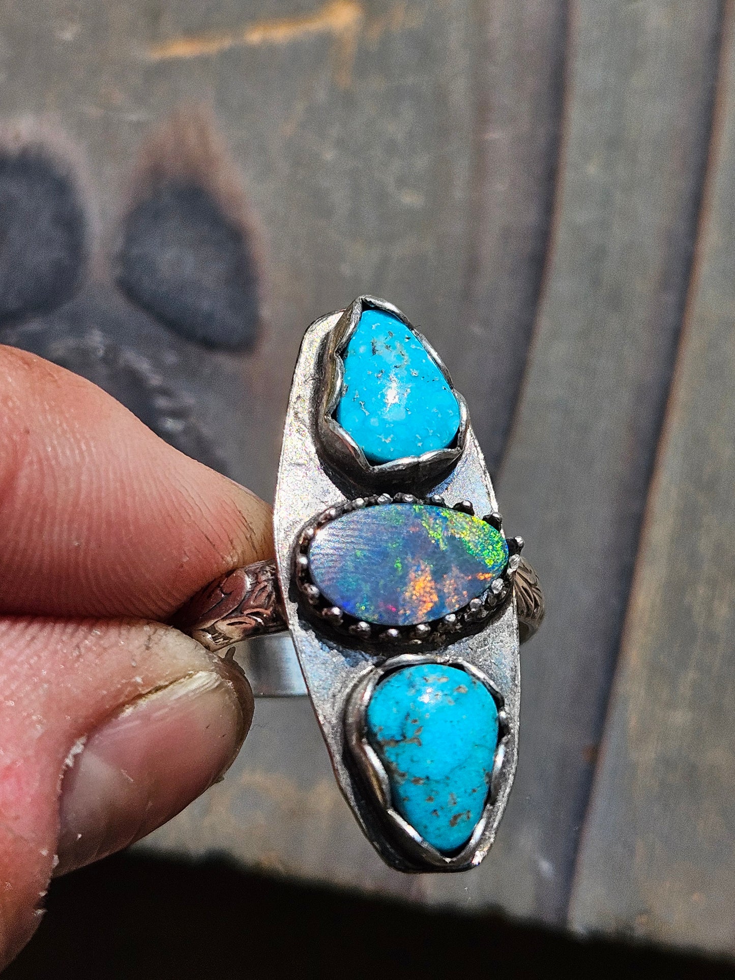 Australian Opal and Sleeping Beauty Turquoise ring, Size 9