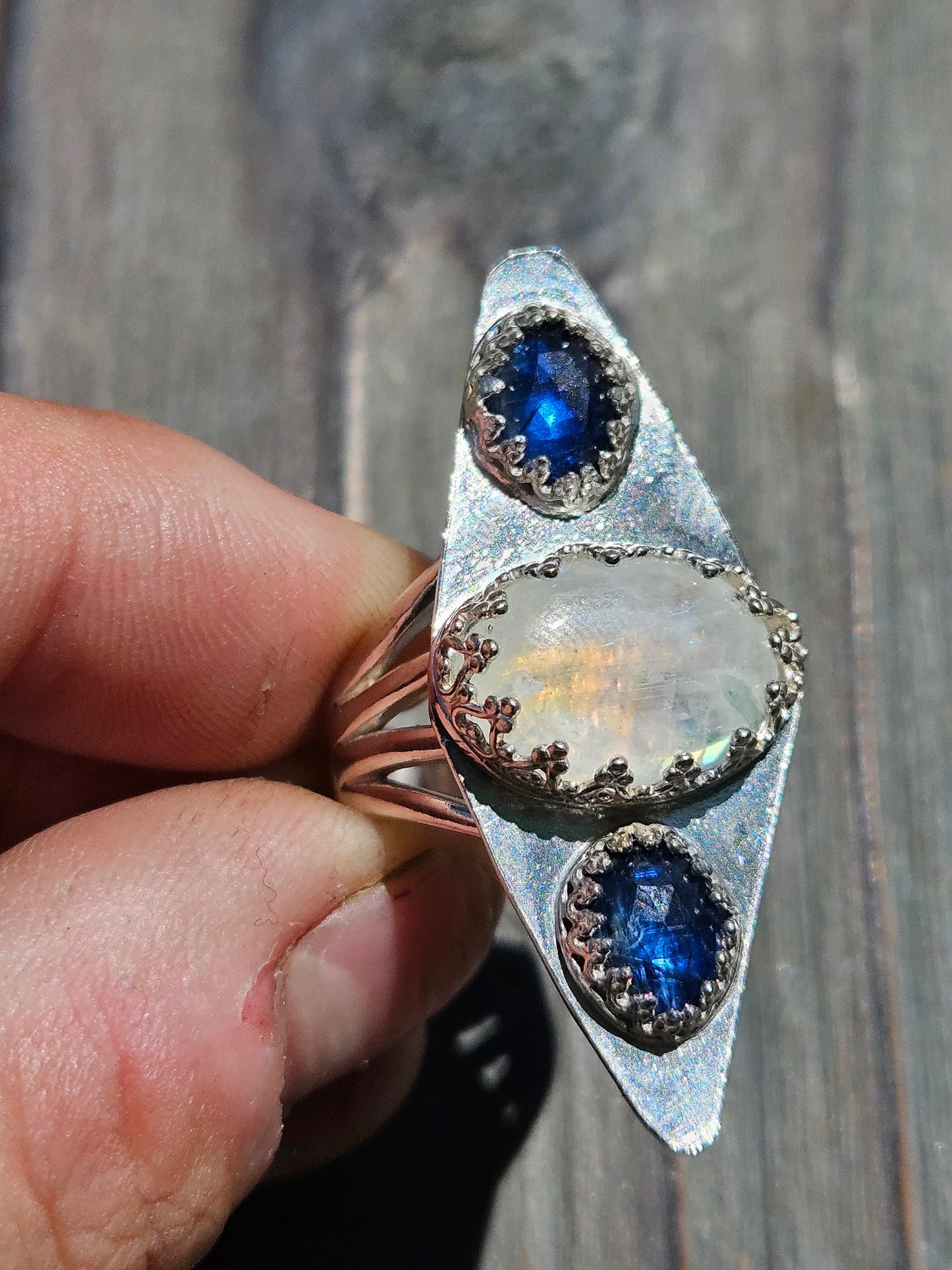 Moonstone and Blue Kyanite Ring, size 8