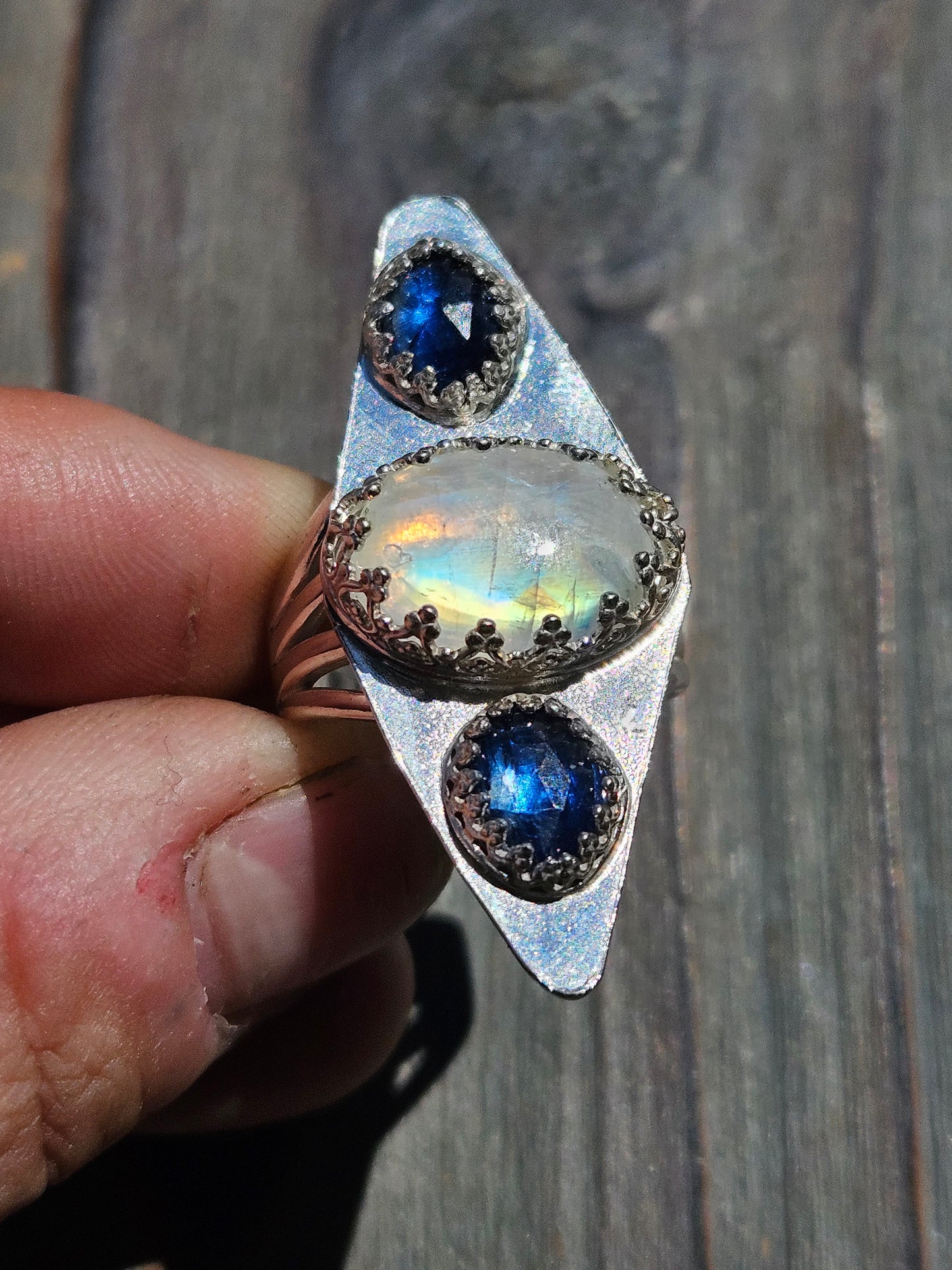 Moonstone and Blue Kyanite Ring, size 8