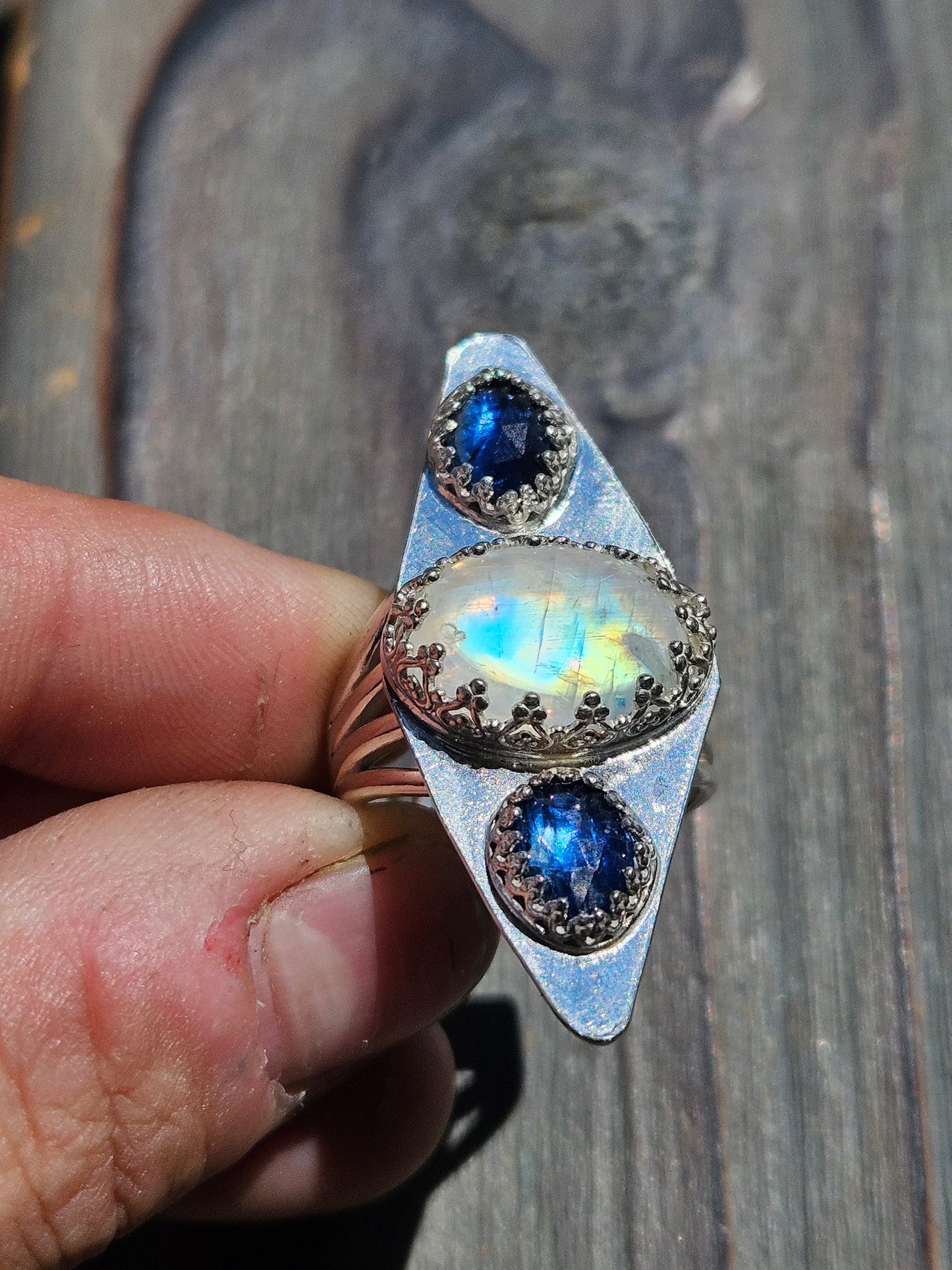 Moonstone and Blue Kyanite Ring, size 8