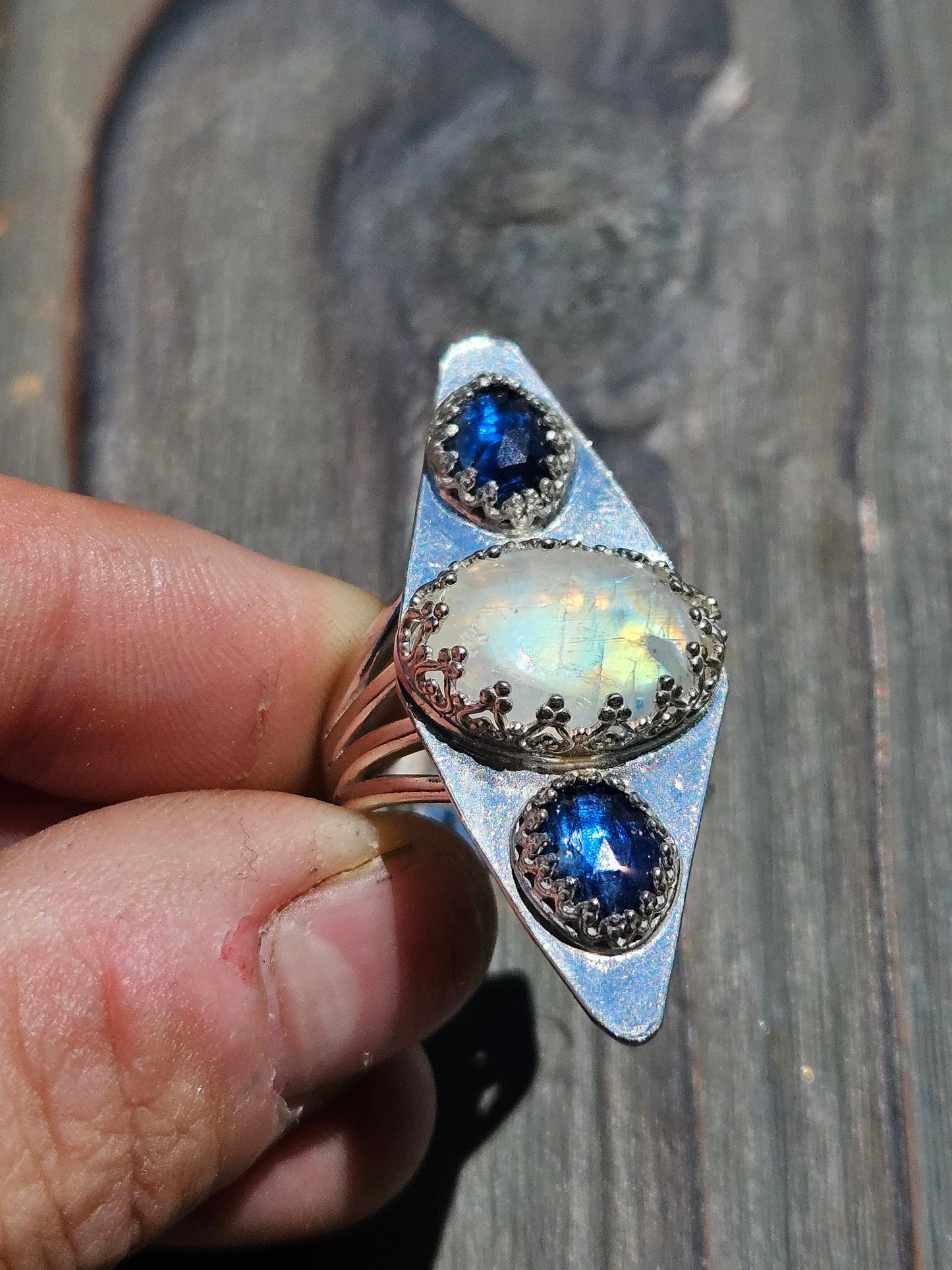 Moonstone and Blue Kyanite Ring, size 8