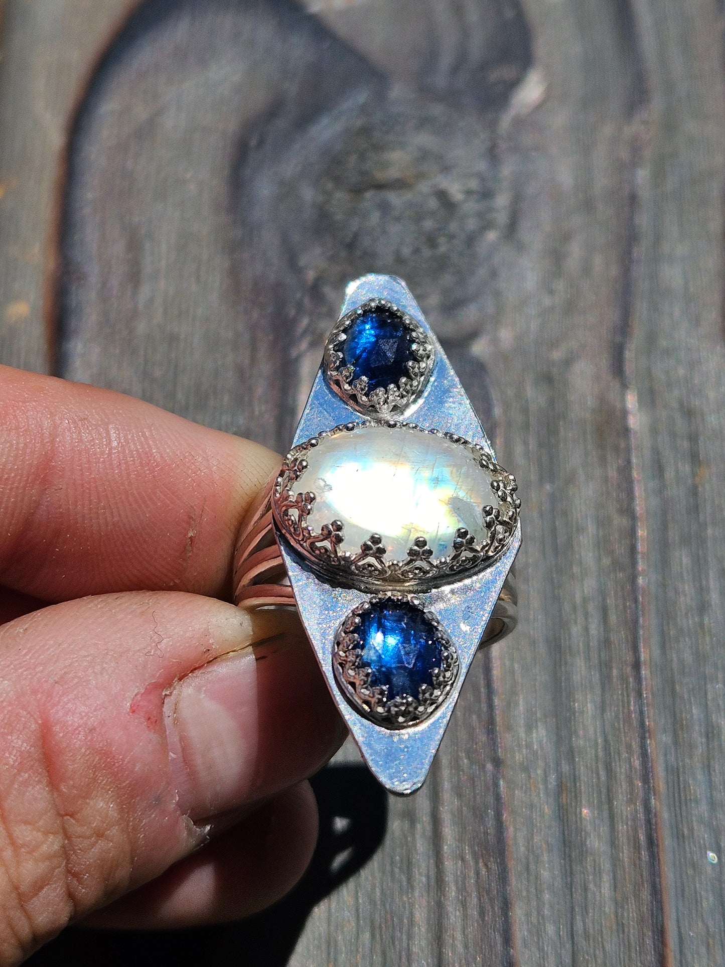 Moonstone and Blue Kyanite Ring, size 8