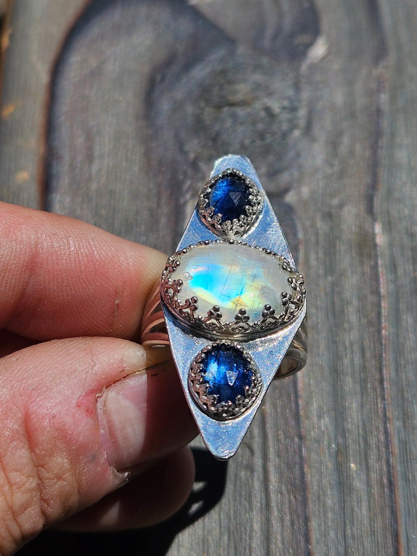 Moonstone and Blue Kyanite Ring, size 8