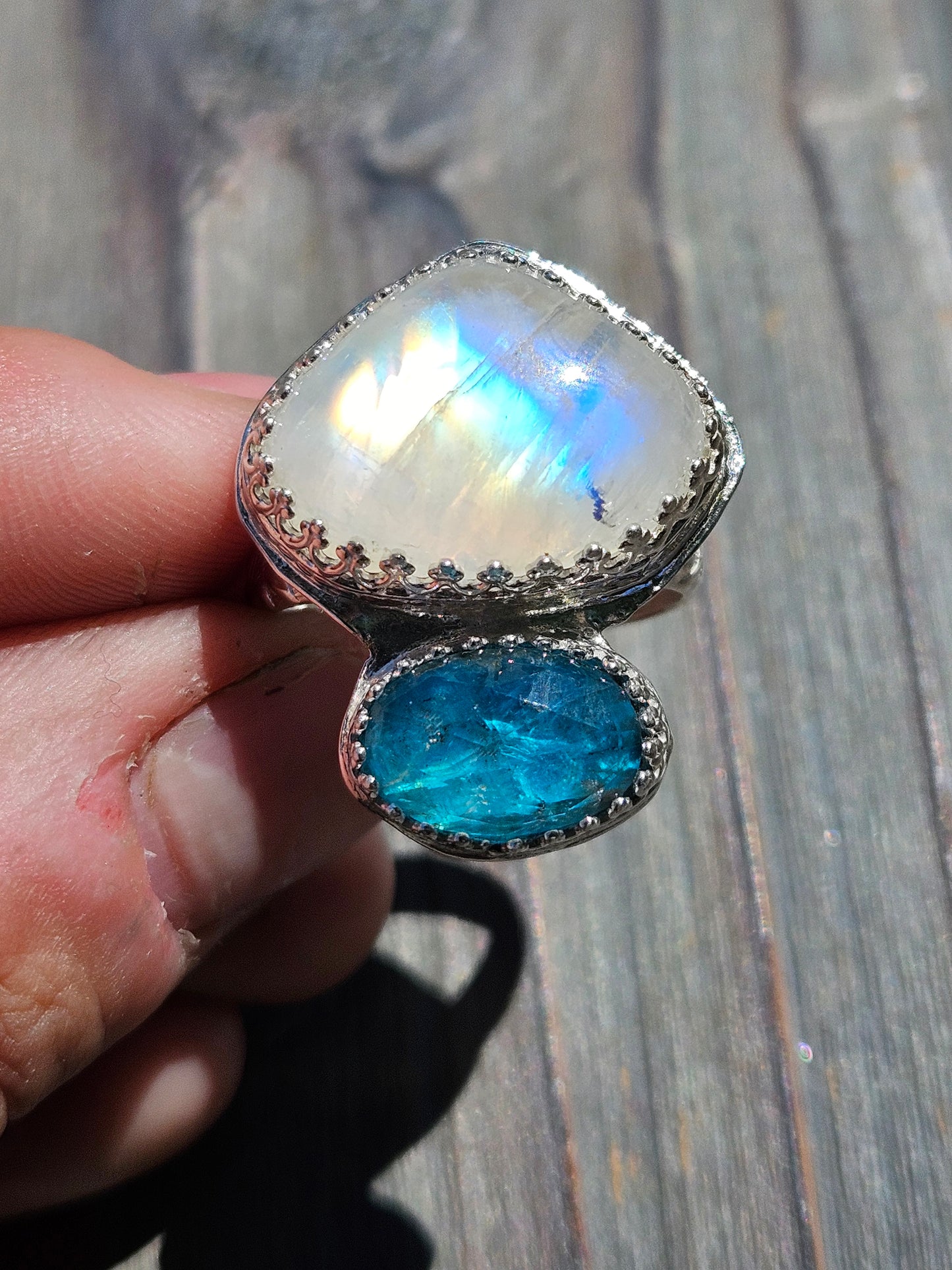 Moonstone and Blue Apatite Ring, Size 8.5